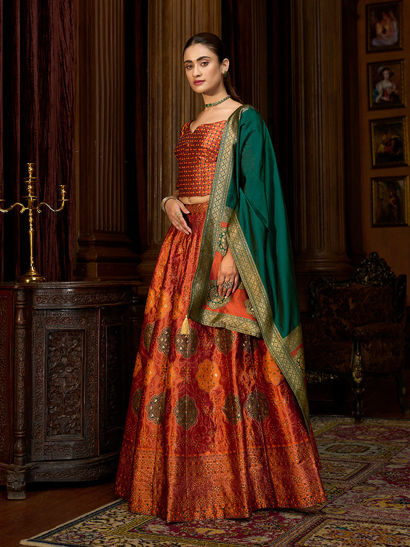 Rust Color Kanjiwaram Silk Jacquard Designer Lehenga Choli