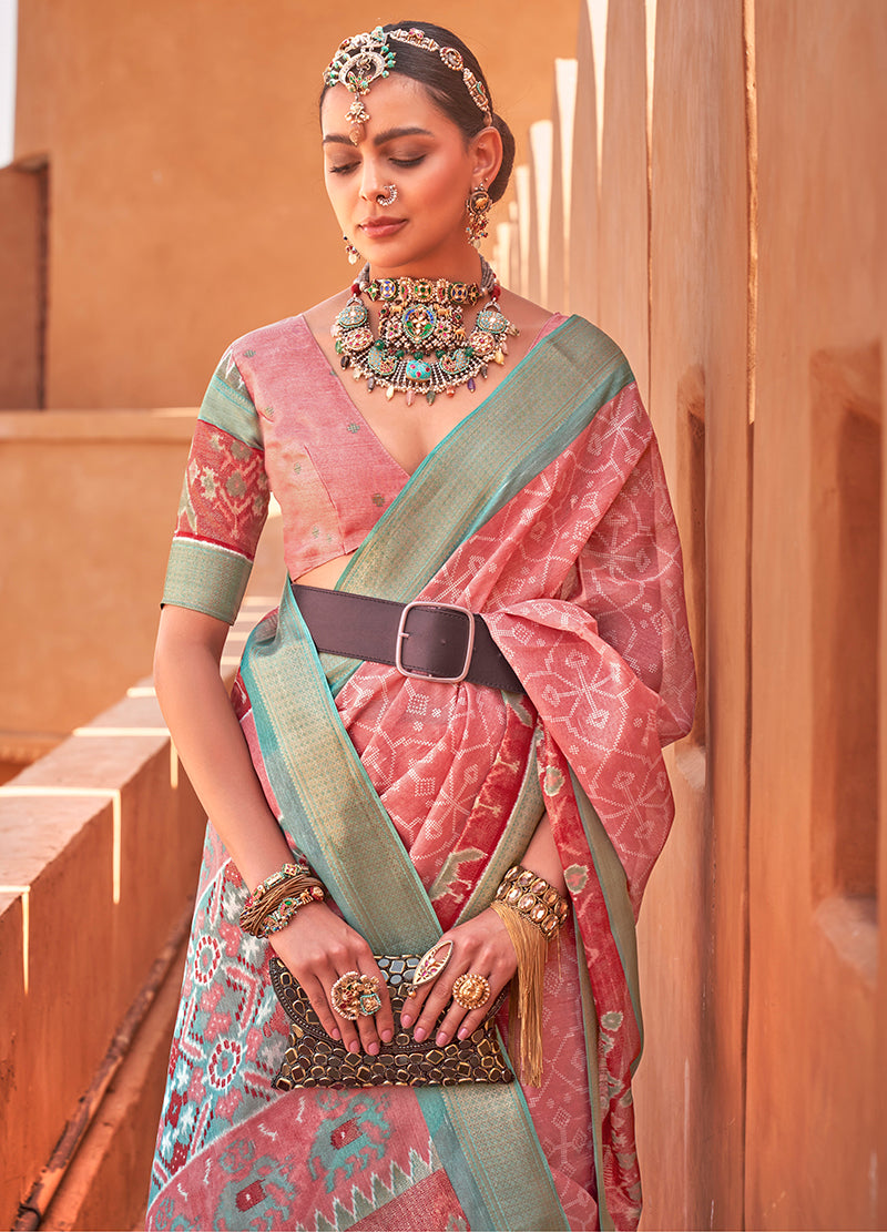 Rose Pink Cotton Silk Foil Print Work Saree