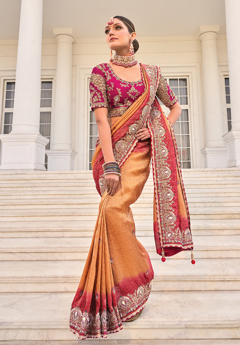 Rust Crepe Jacquard Silk Cut-Dana & Thread Work Saree