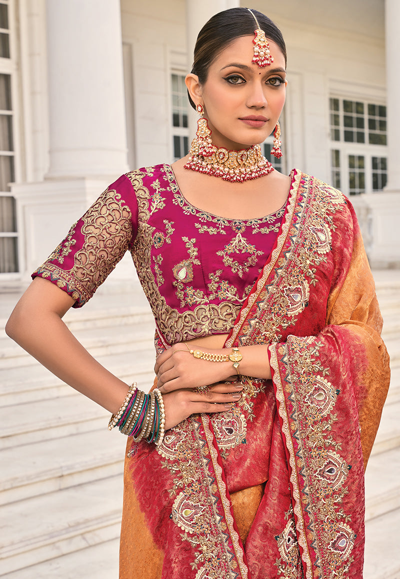 Rust Crepe Jacquard Silk Cut-Dana & Thread Work Saree