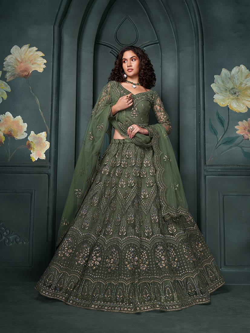 Bottle Green Embroidered Net Designer Bridal Lehenga Choli