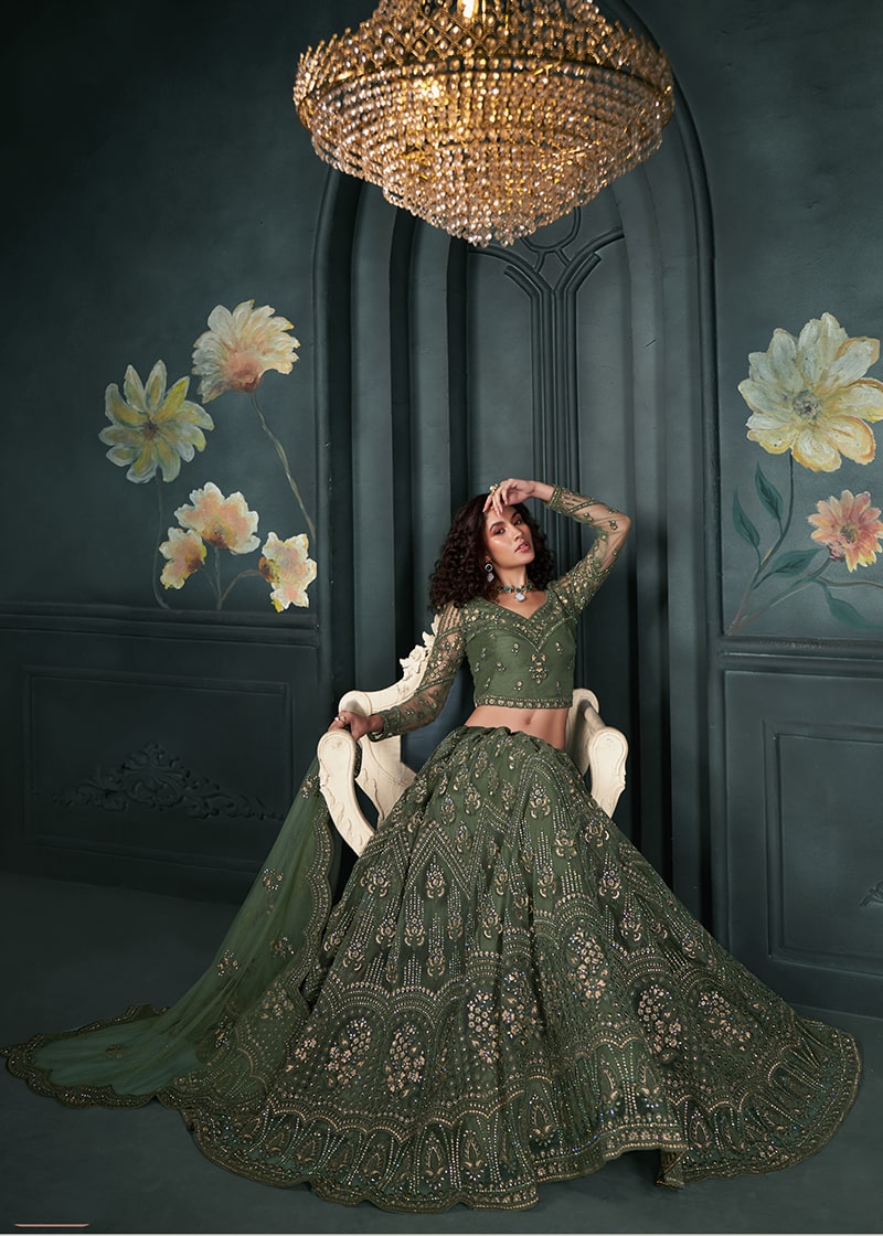 Bottle Green Embroidered Net Designer Bridal Lehenga Choli