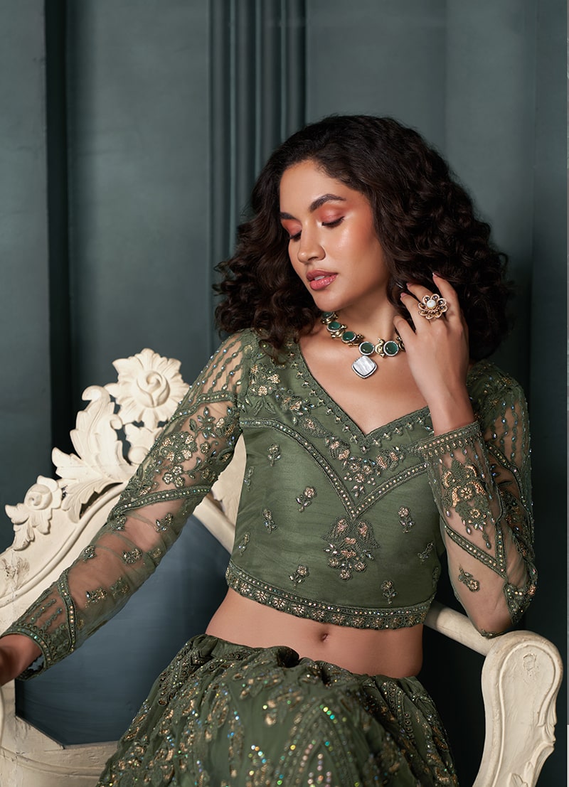 Bottle Green Embroidered Net Designer Bridal Lehenga Choli