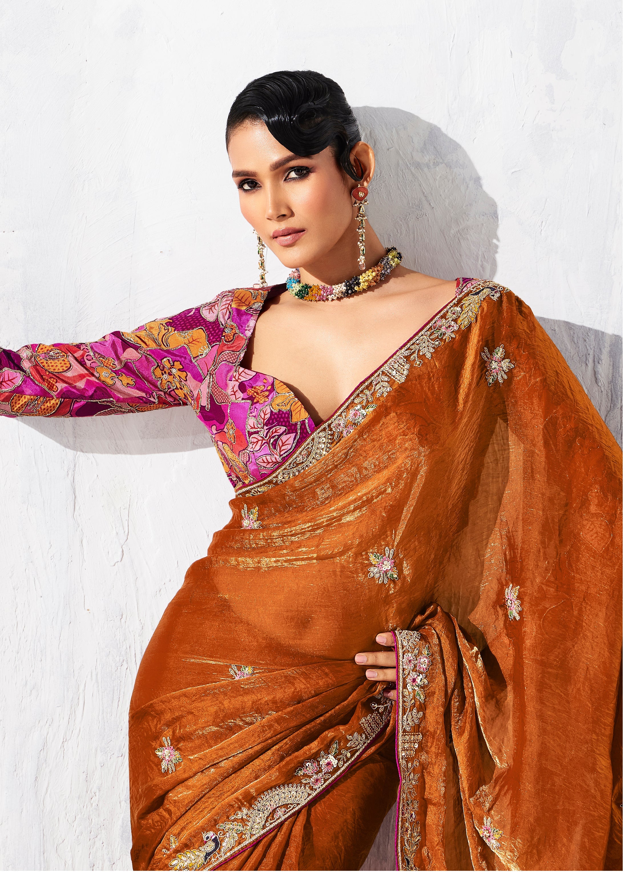 Rust Fancy Fabric Embroidered Contemporary Saree