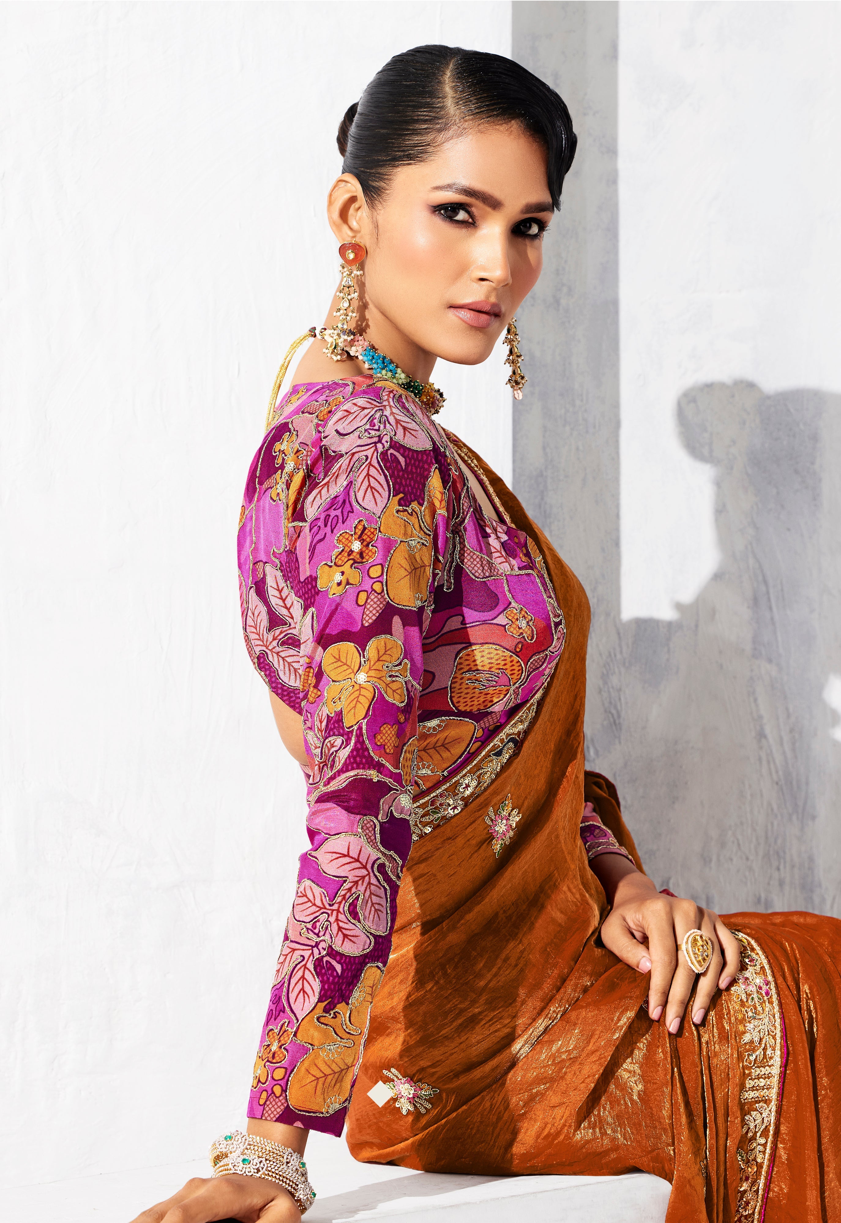 Rust Fancy Fabric Embroidered Contemporary Saree