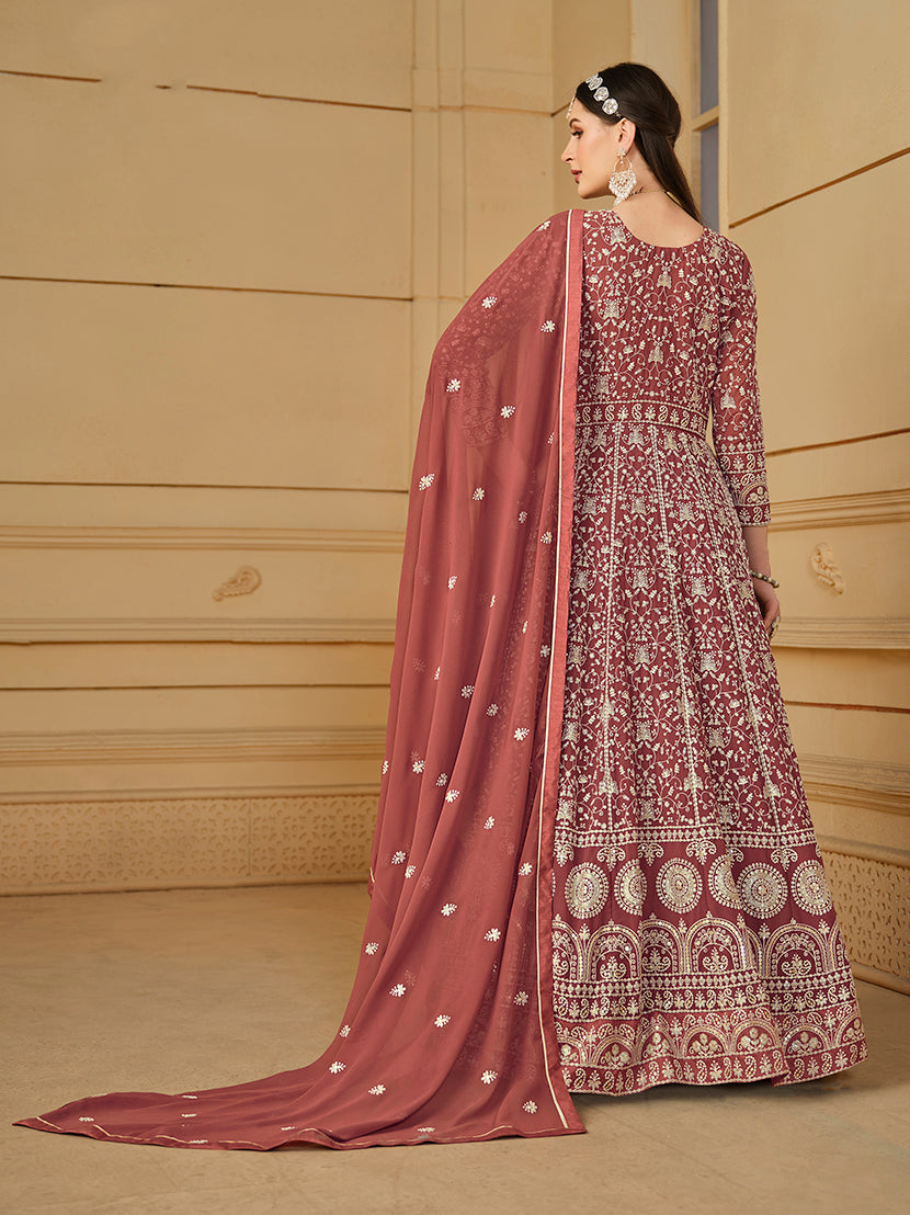 Light Brown Georgette Heavy Work Floor Length Gown With Dupatta