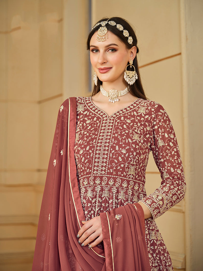 Light Brown Georgette Heavy Work Floor Length Gown With Dupatta