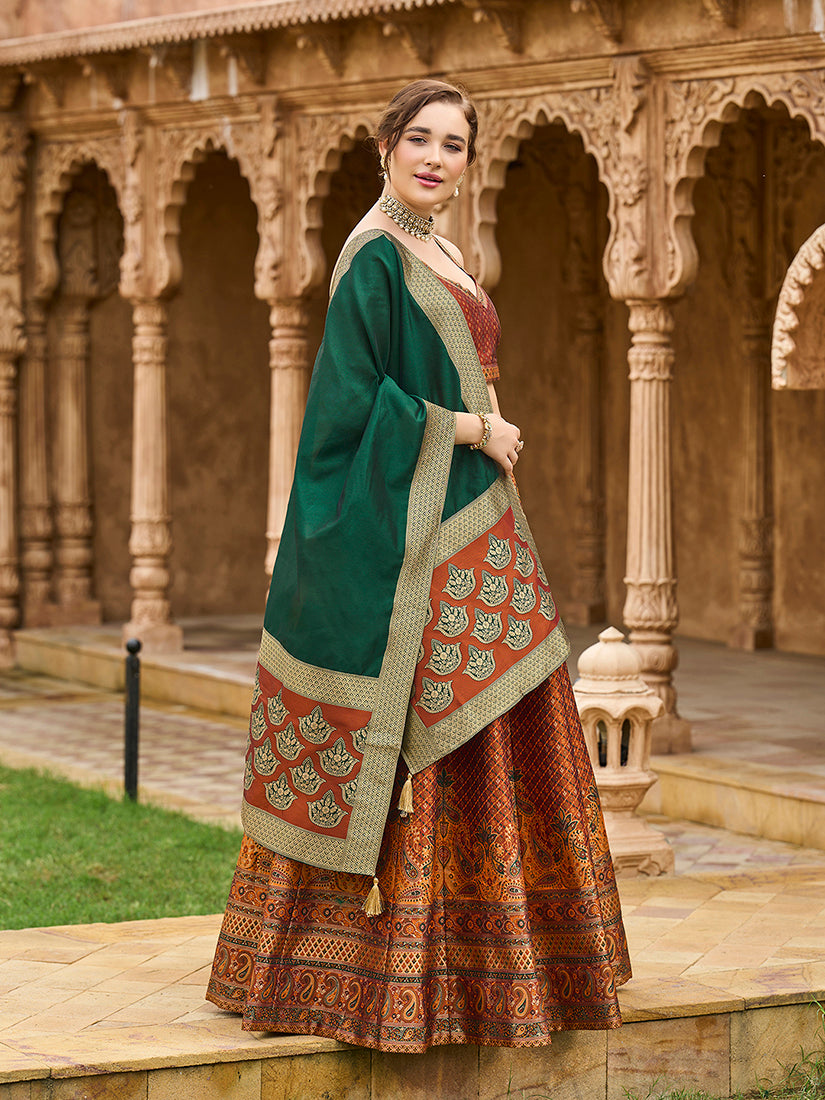 Rust Kanjiwaram Silk Jacquard Woven Trendy Lehenga Choli