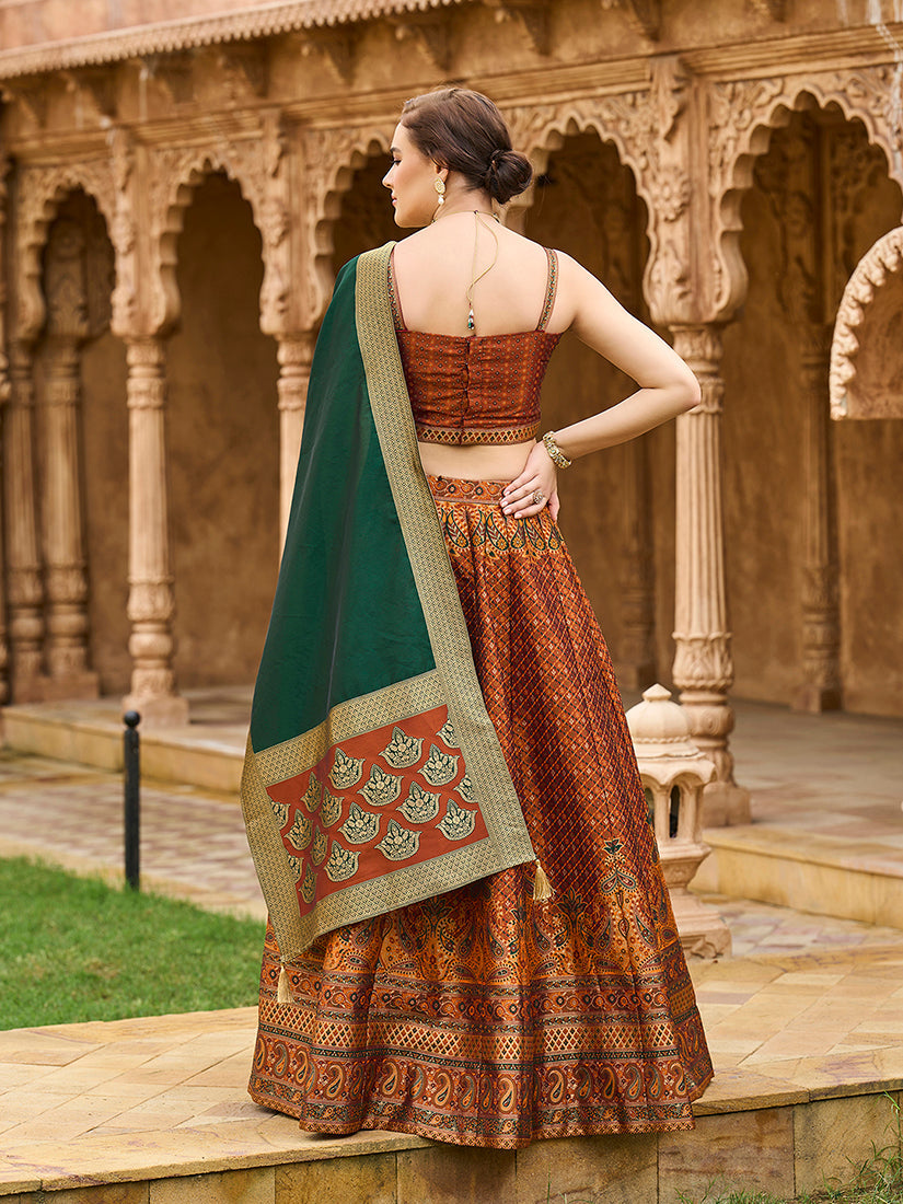 Rust Kanjiwaram Silk Jacquard Woven Trendy Lehenga Choli