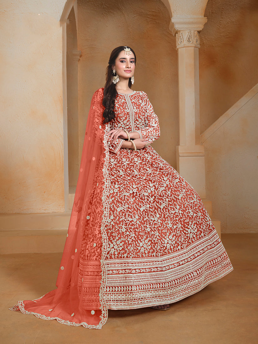 Rust Net Embroidered Trendy Wedding Season Anarkali Suit