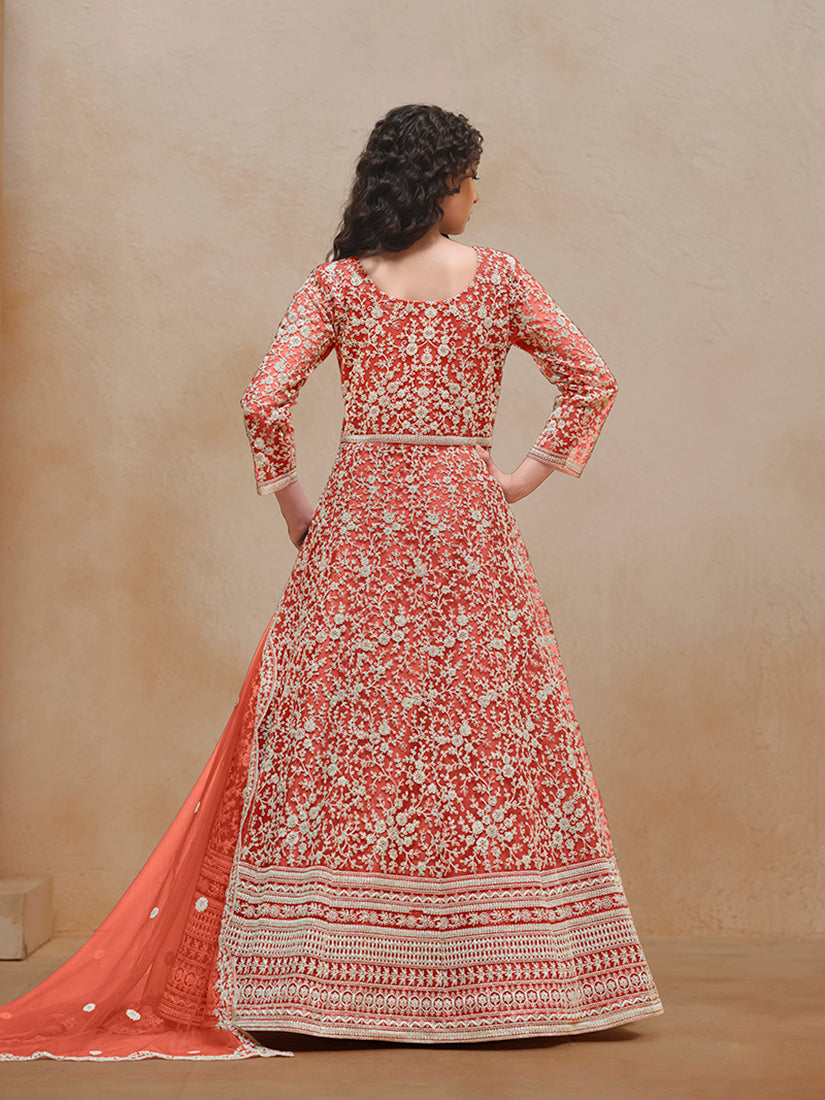 Rust Net Embroidered Trendy Wedding Season Anarkali Suit