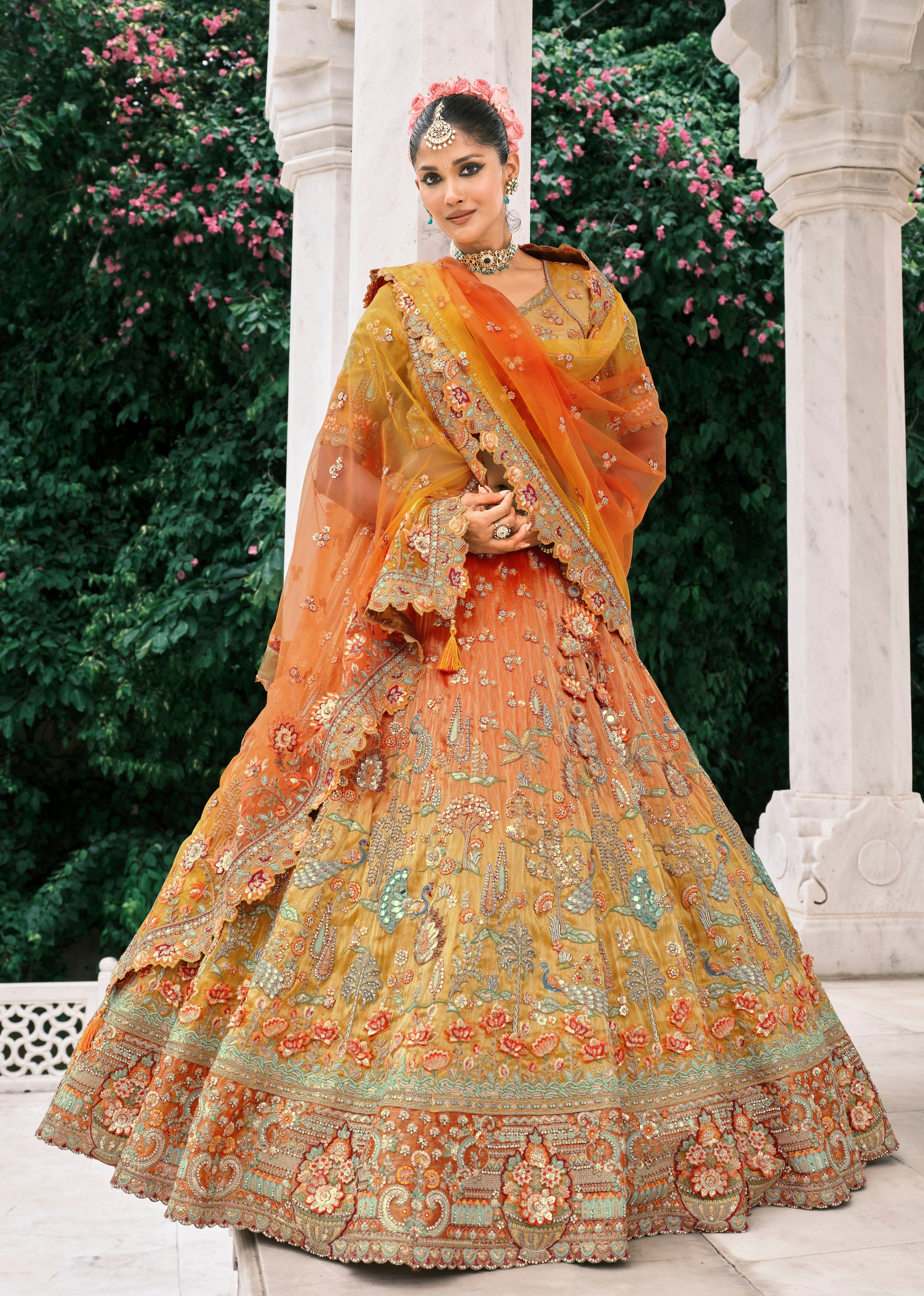 Rust Orange And Mustard Yellow Silk Bridal Lehenga With Embroidery And Sequins Work