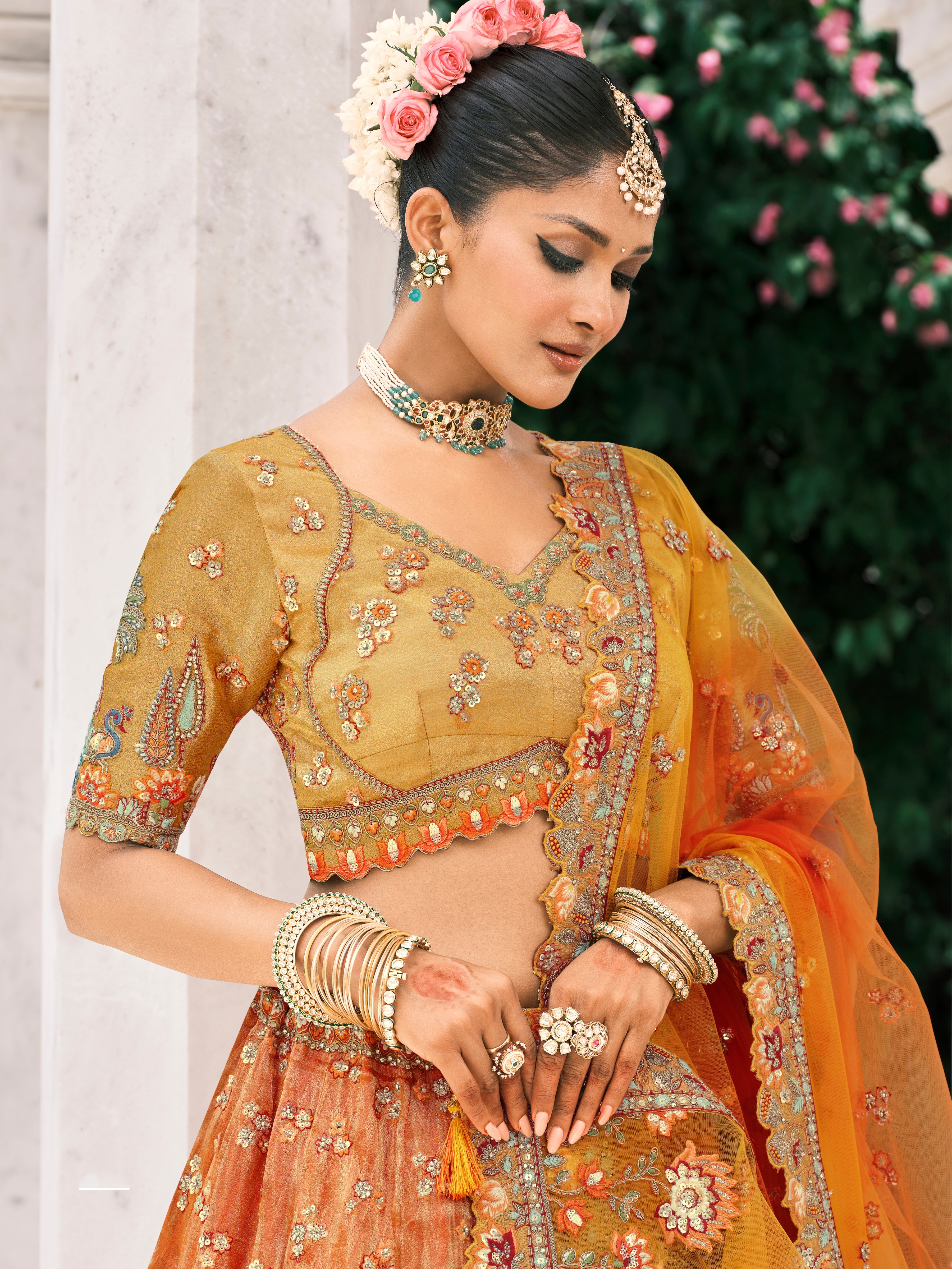 Rust Orange And Mustard Yellow Silk Bridal Lehenga With Embroidery And Sequins Work