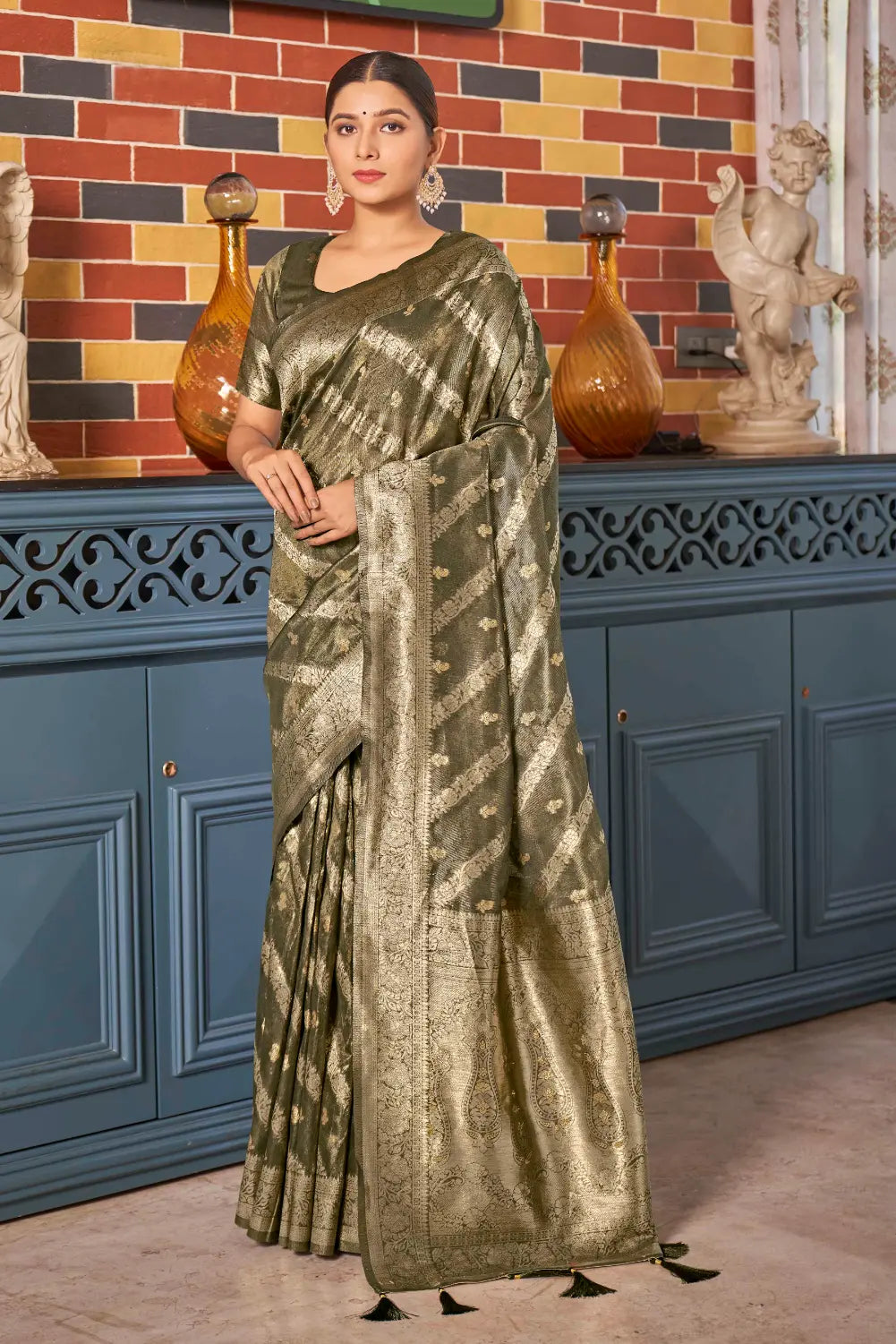 Olive Green Shimmer Silk Woven Contemporary Style Saree - Monjolika Fashion