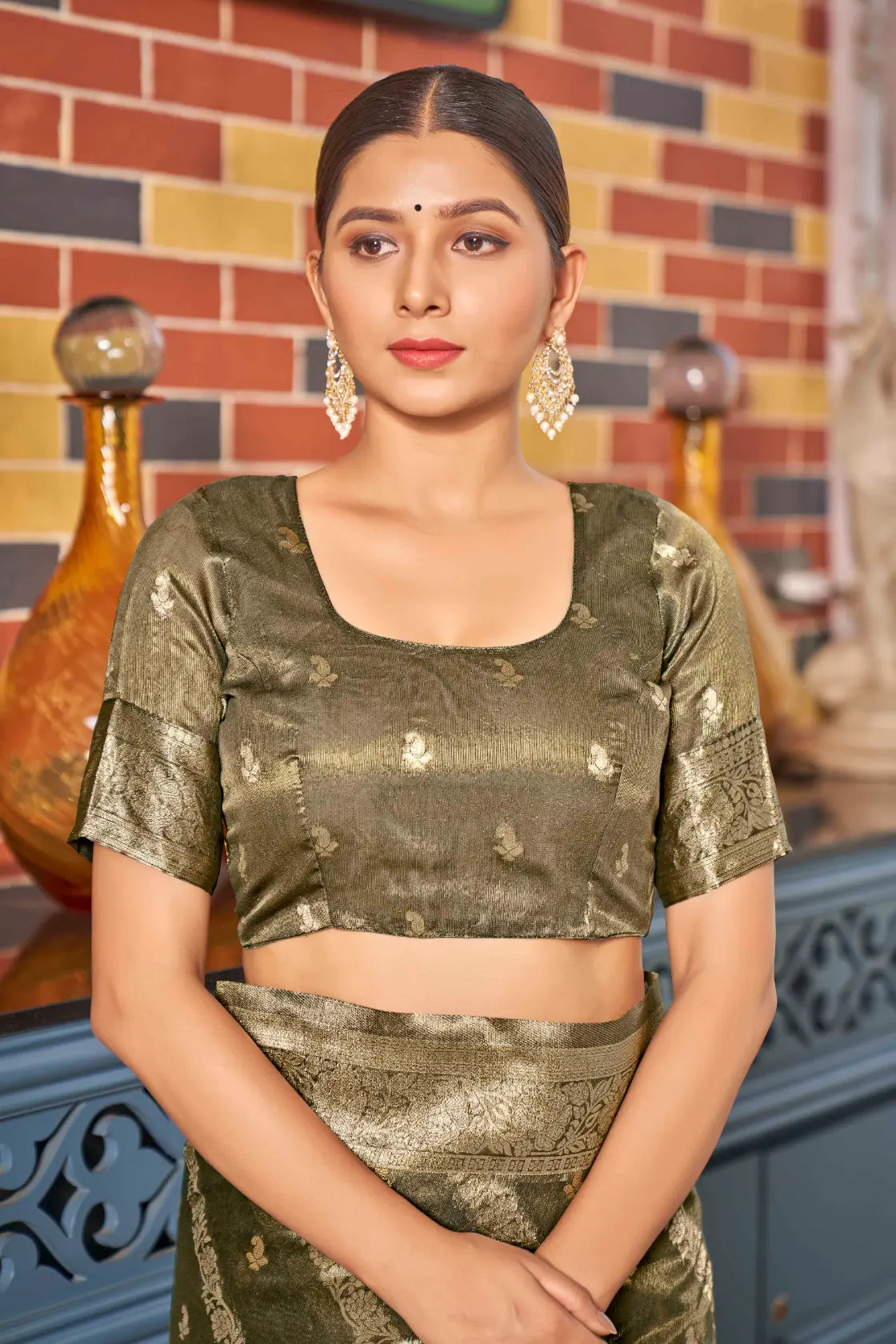 Olive Green Shimmer Silk Woven Contemporary Style Saree - Monjolika Fashion