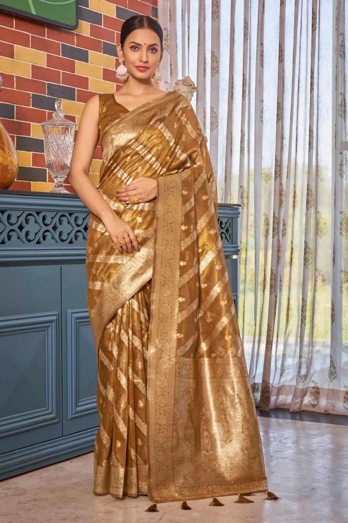 Mustard Shimmer Silk Woven Contemporary Style Saree - Monjolika Fashion