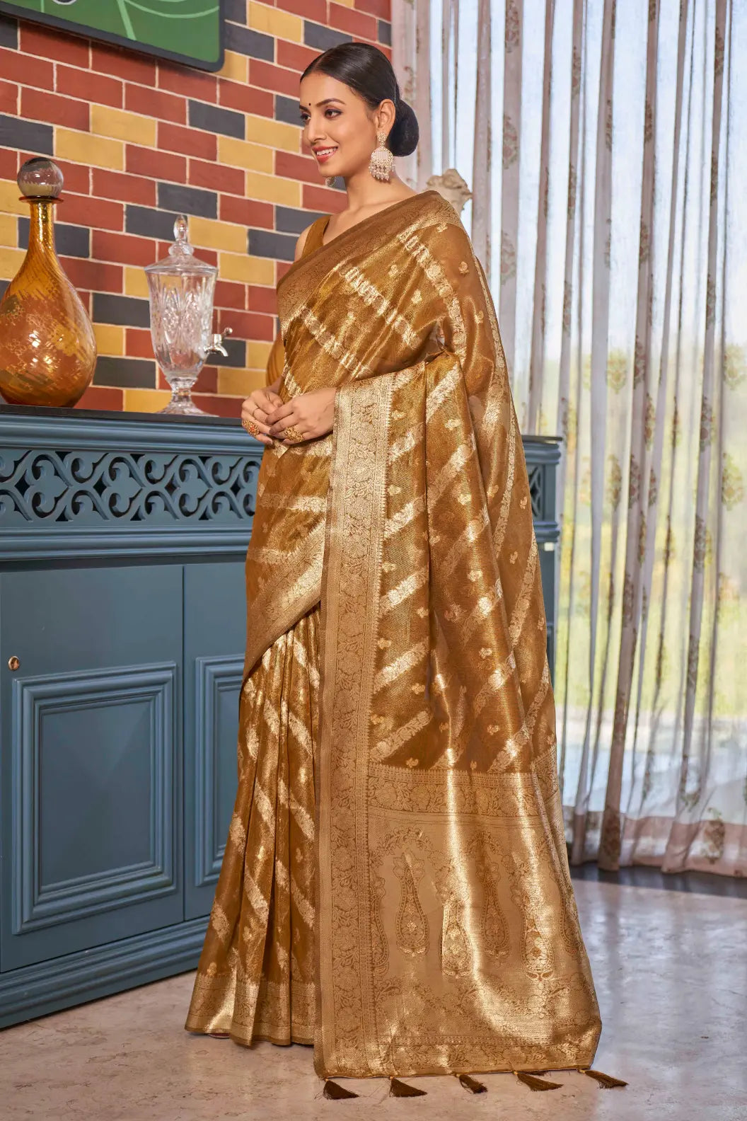 Mustard Shimmer Silk Woven Contemporary Style Saree - Monjolika Fashion