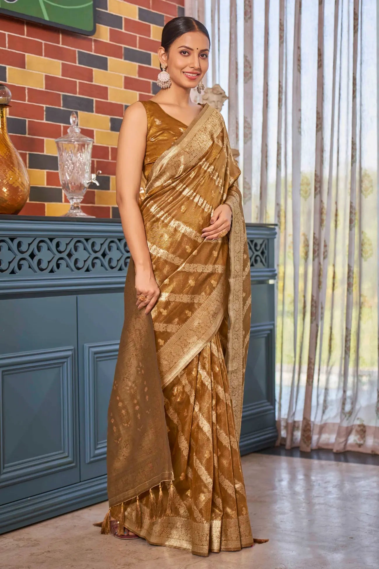 Mustard Shimmer Silk Woven Contemporary Style Saree - Monjolika Fashion