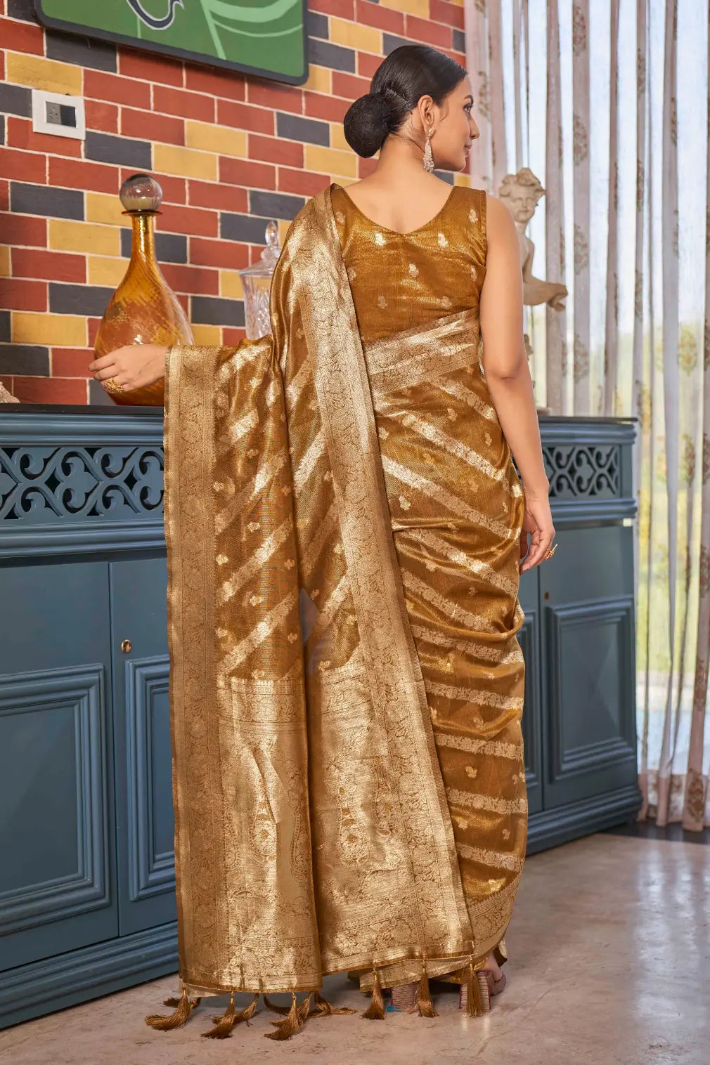Mustard Shimmer Silk Woven Contemporary Style Saree - Monjolika Fashion