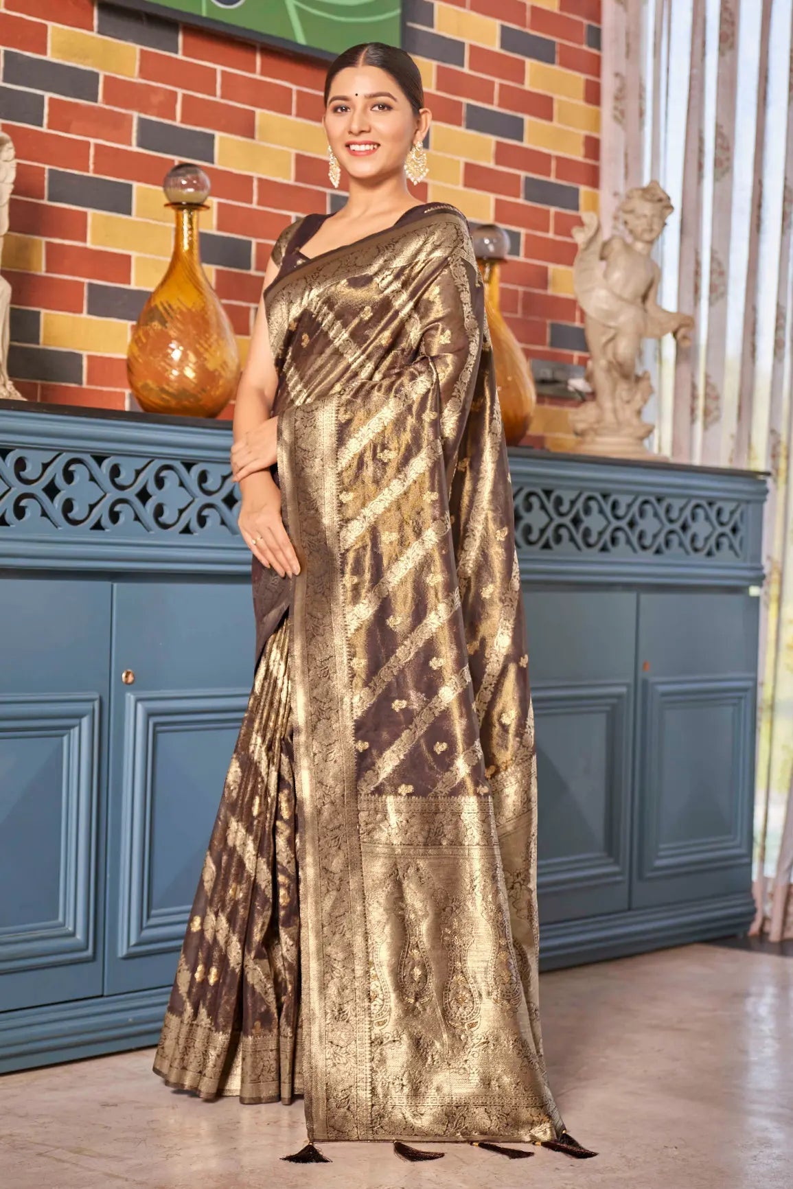 Coffee Brown Shimmer Silk Zari Woven Contemporary Style Saree - Monjolika Fashion