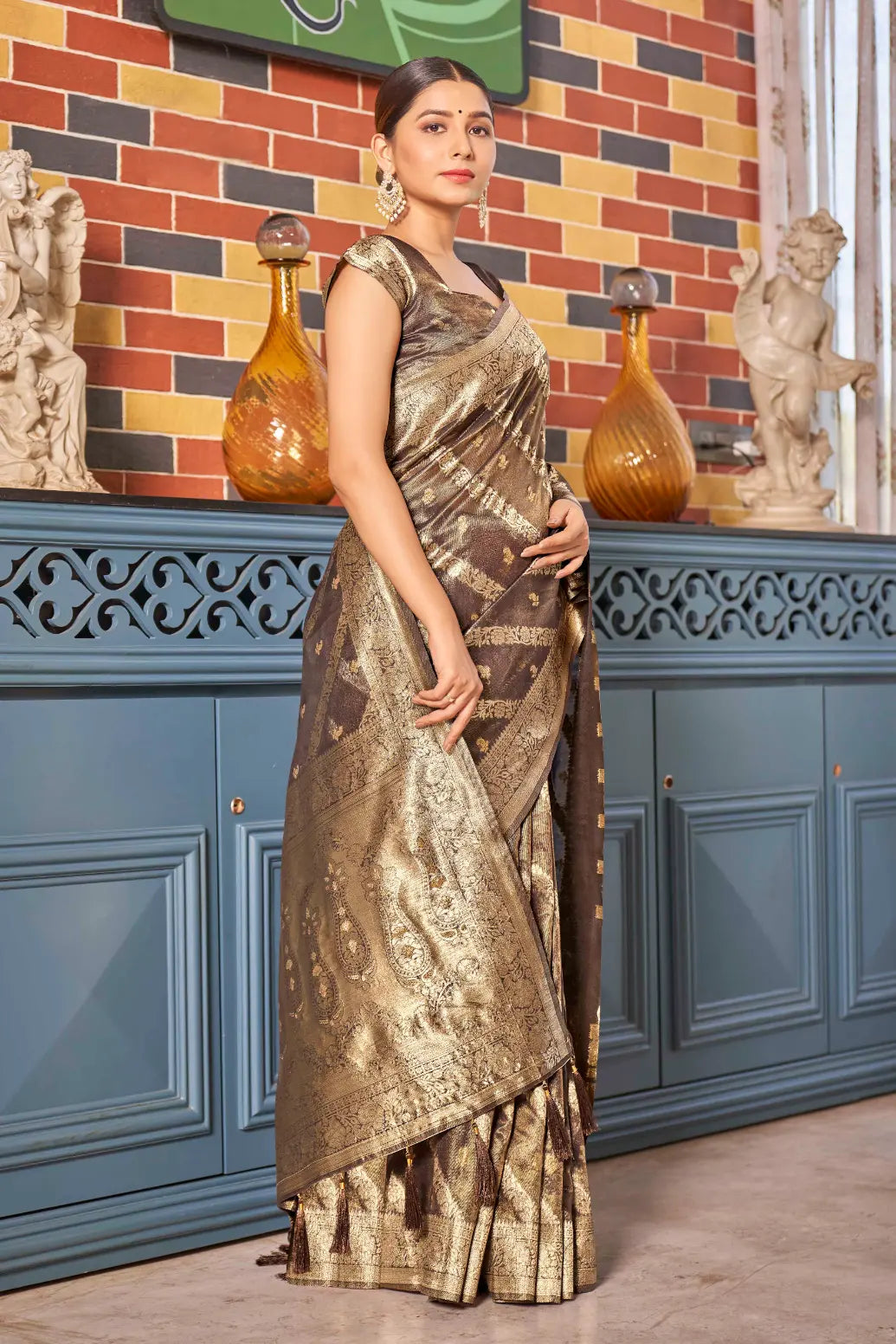Coffee Brown Shimmer Silk Zari Woven Contemporary Style Saree - Monjolika Fashion