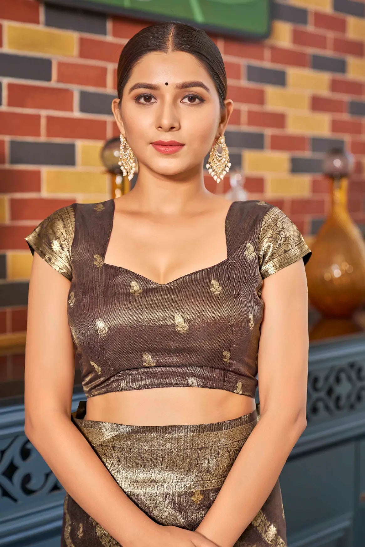 Coffee Brown Shimmer Silk Zari Woven Contemporary Style Saree - Monjolika Fashion