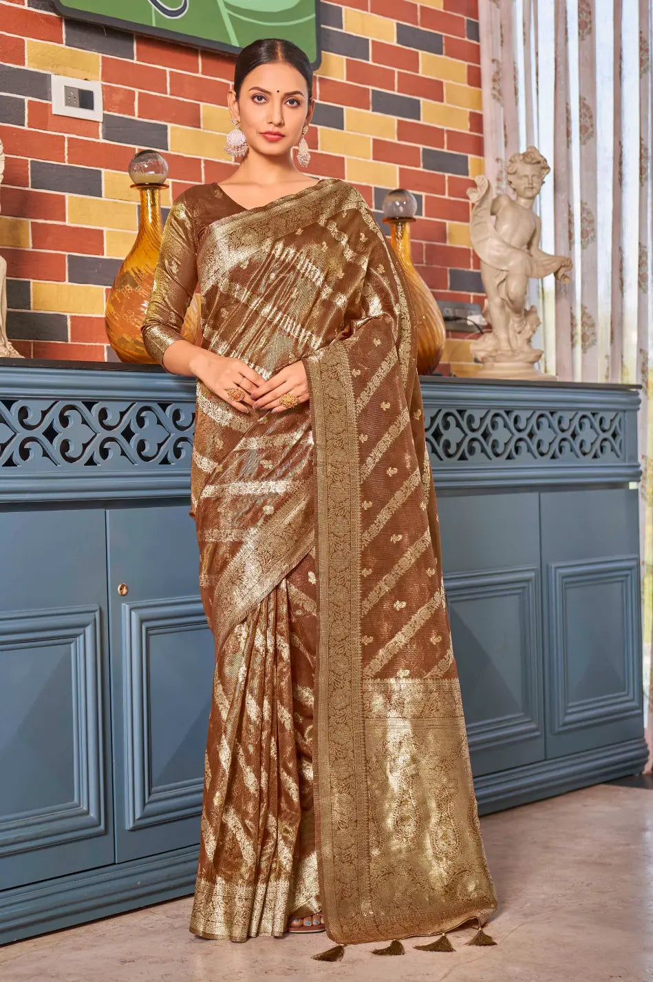 Rust Shimmer Silk Woven Contemporary Style Saree - Monjolika Fashion