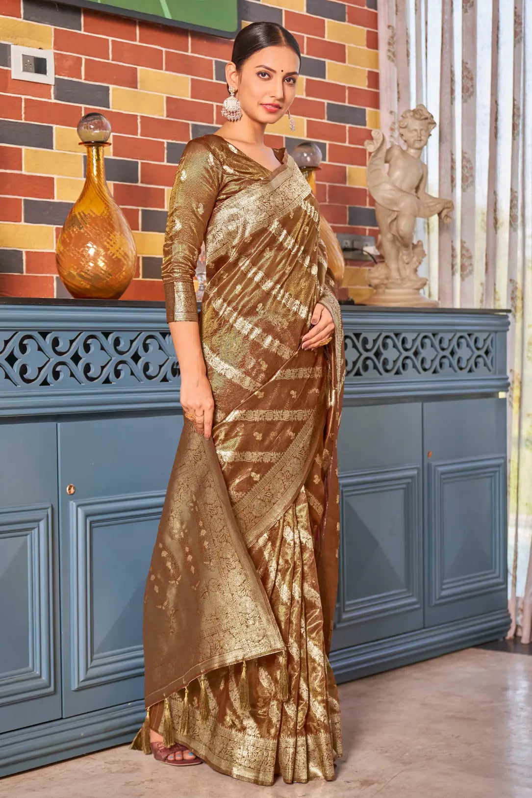 Rust Shimmer Silk Woven Contemporary Style Saree - Monjolika Fashion