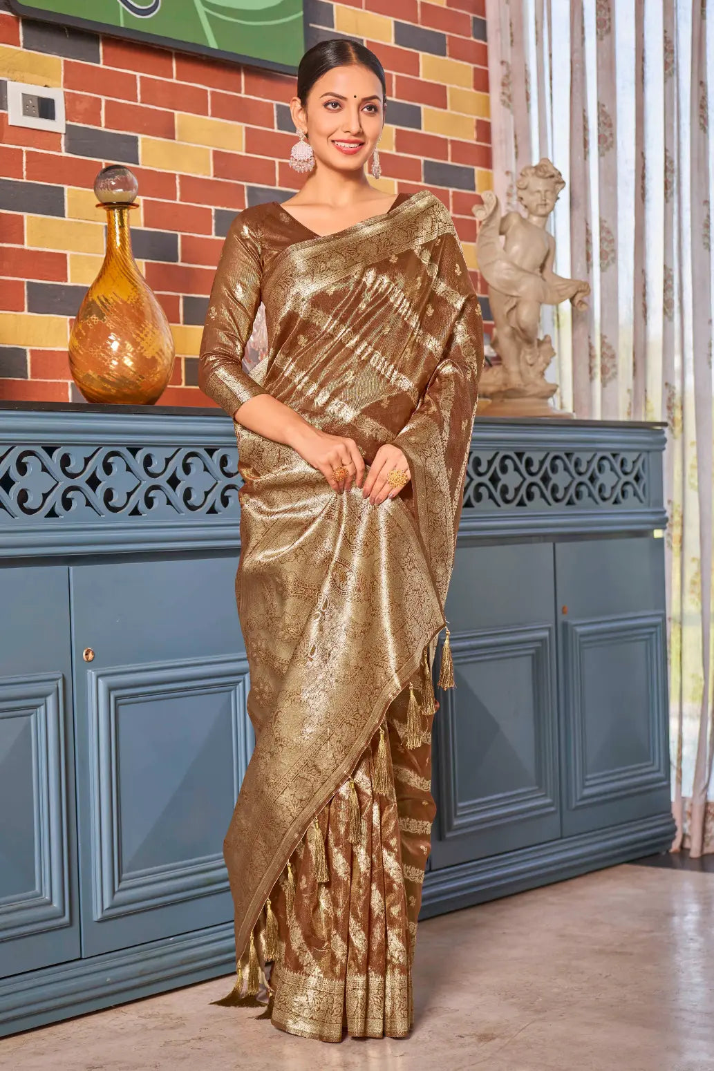 Rust Shimmer Silk Woven Contemporary Style Saree - Monjolika Fashion