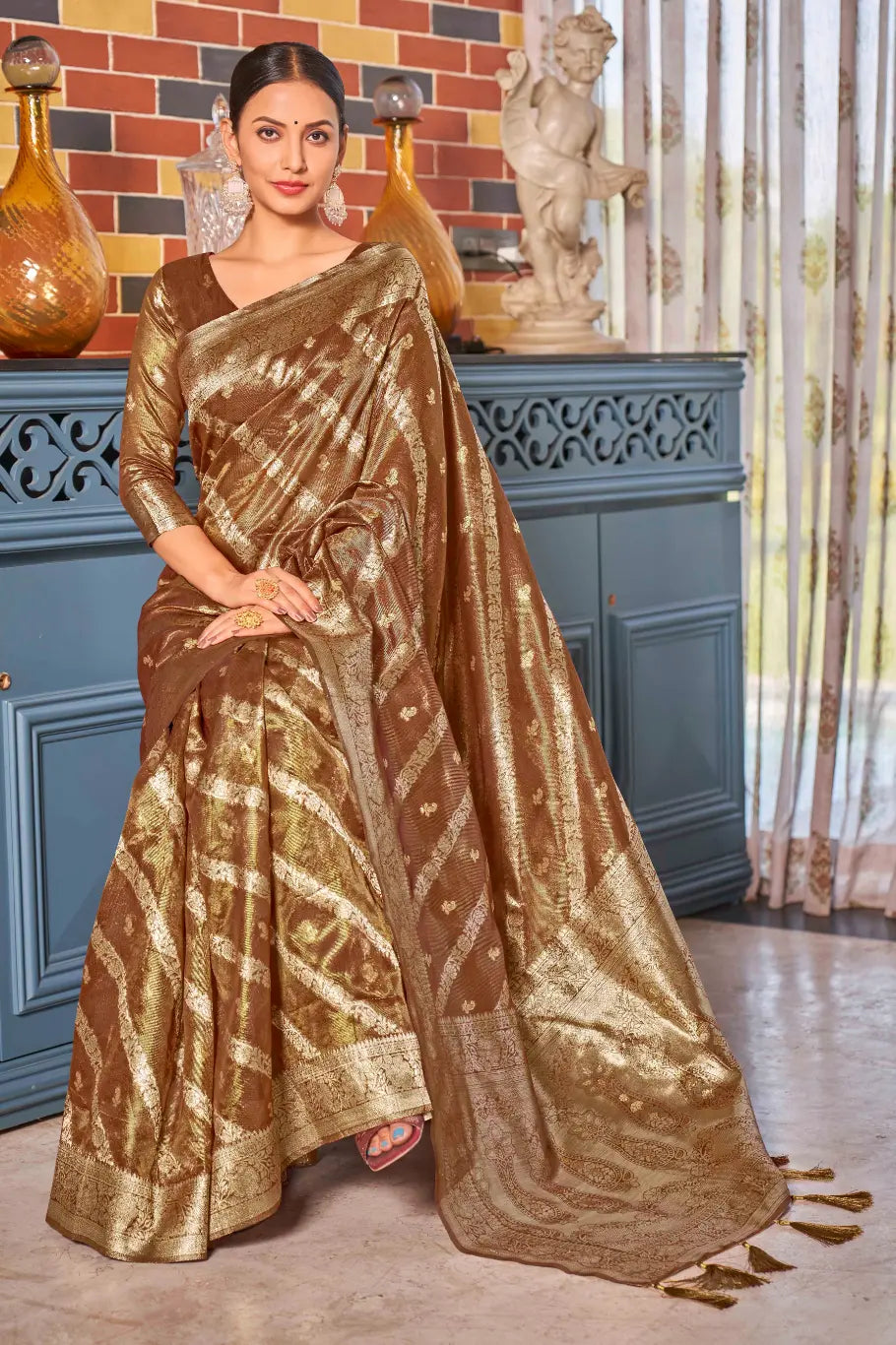 Rust Shimmer Silk Woven Contemporary Style Saree - Monjolika Fashion
