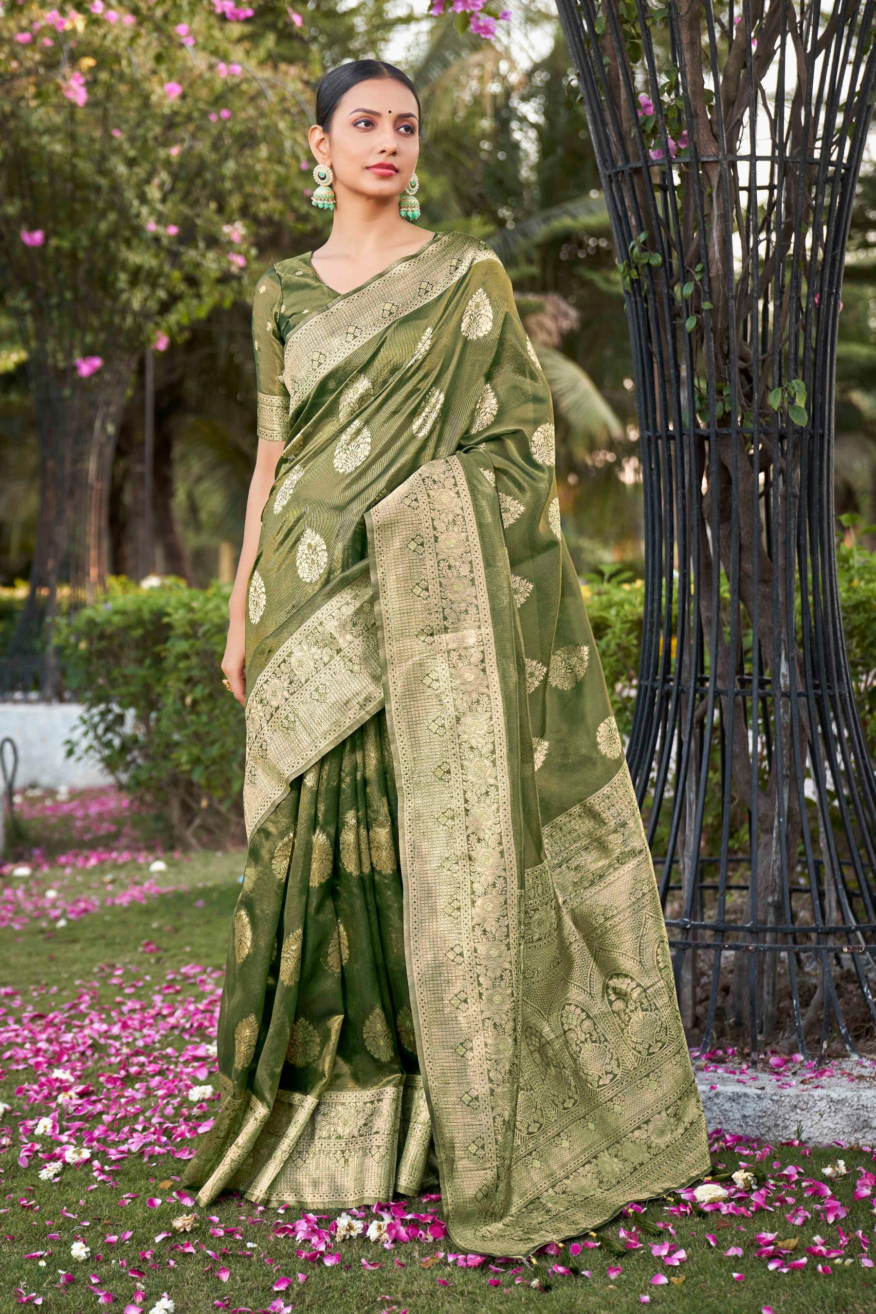 Green Shimmer Silk Zari Woven Fancy Saree - Monjolika Fashion