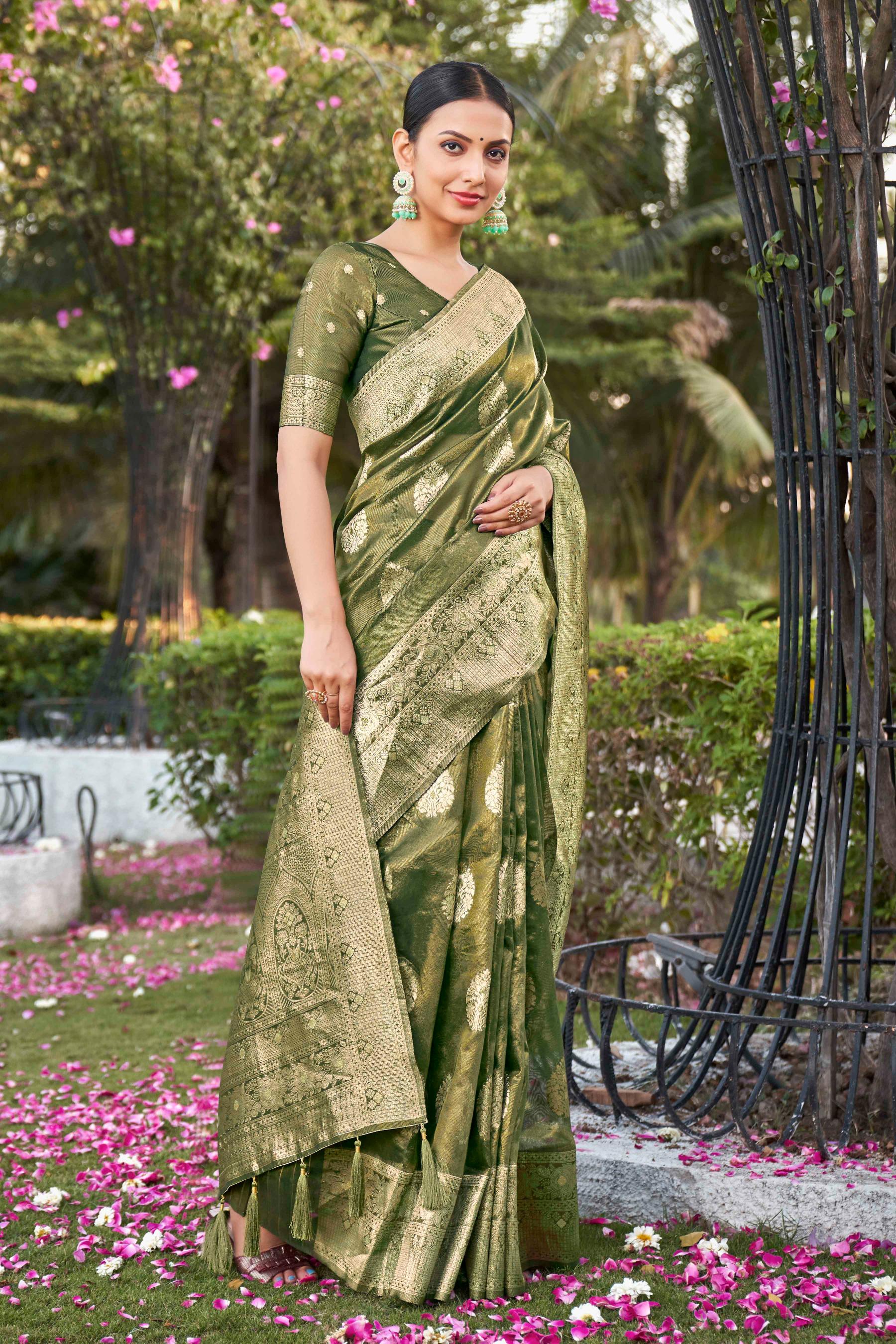 Green Shimmer Silk Zari Woven Fancy Saree - Monjolika Fashion