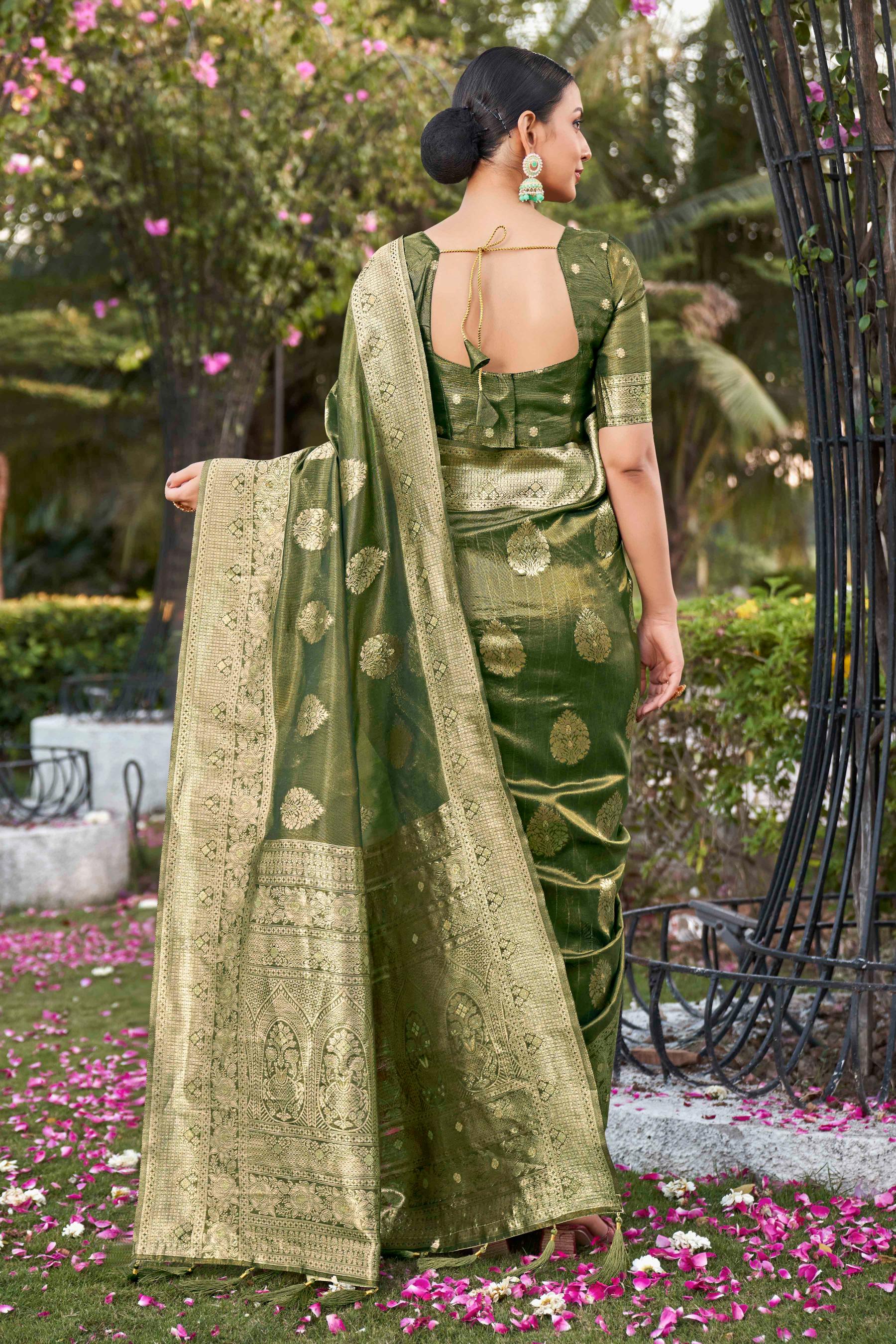 Green Shimmer Silk Zari Woven Fancy Saree - Monjolika Fashion