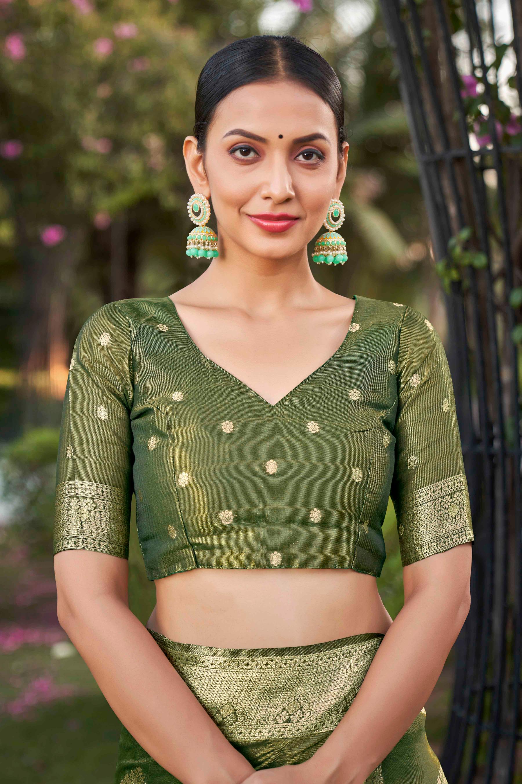 Green Shimmer Silk Zari Woven Fancy Saree - Monjolika Fashion