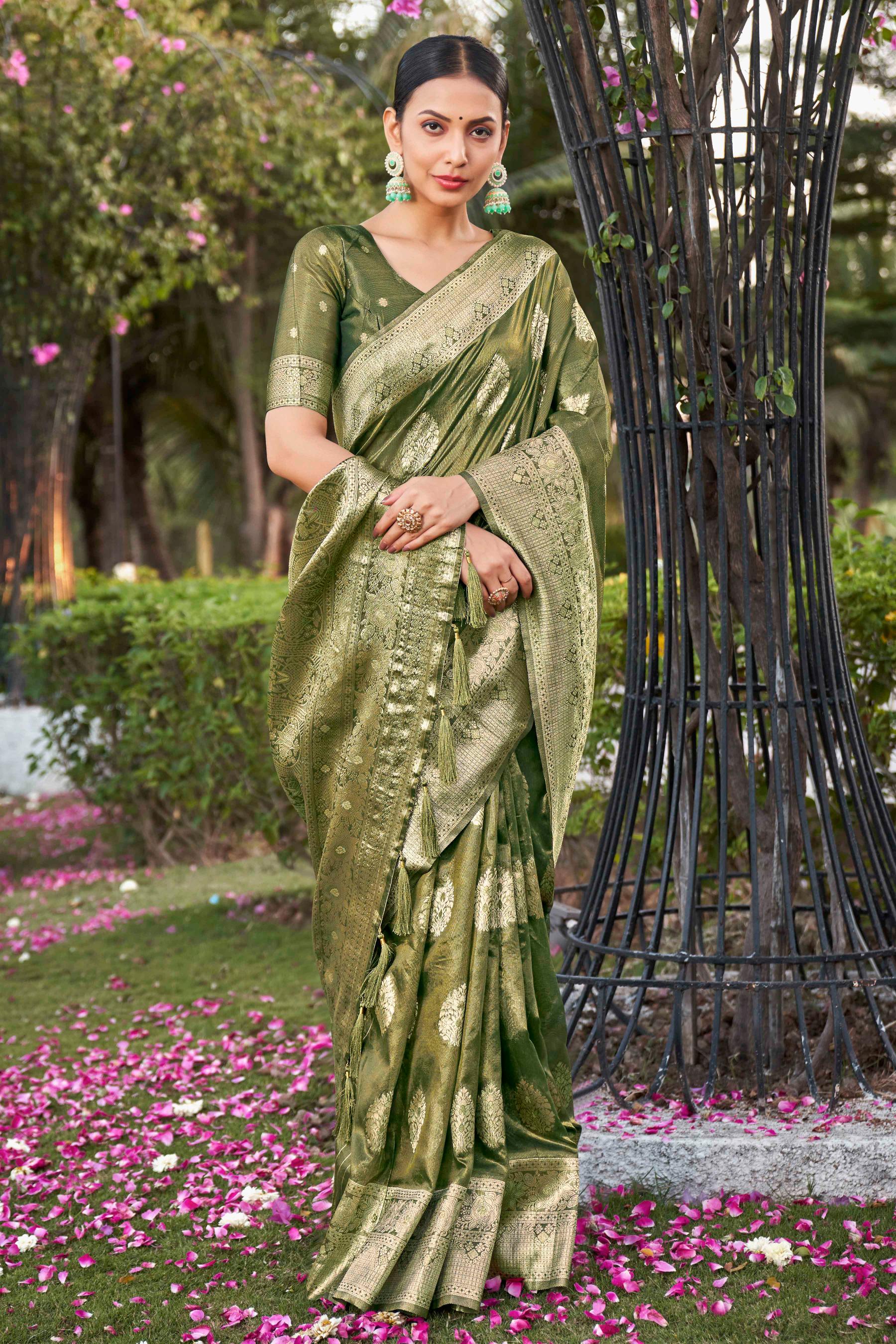 Green Shimmer Silk Zari Woven Fancy Saree - Monjolika Fashion