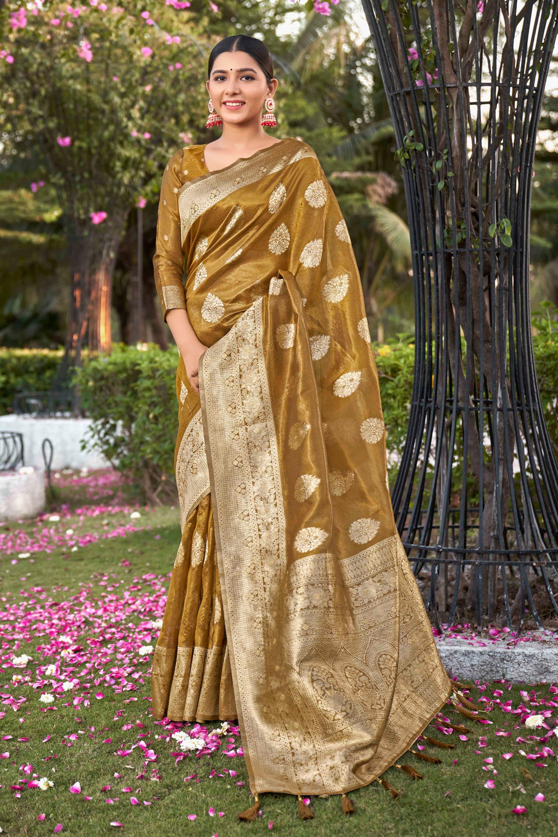 Mustard Shimmer Silk Woven Fancy Saree - Monjolika Fashion