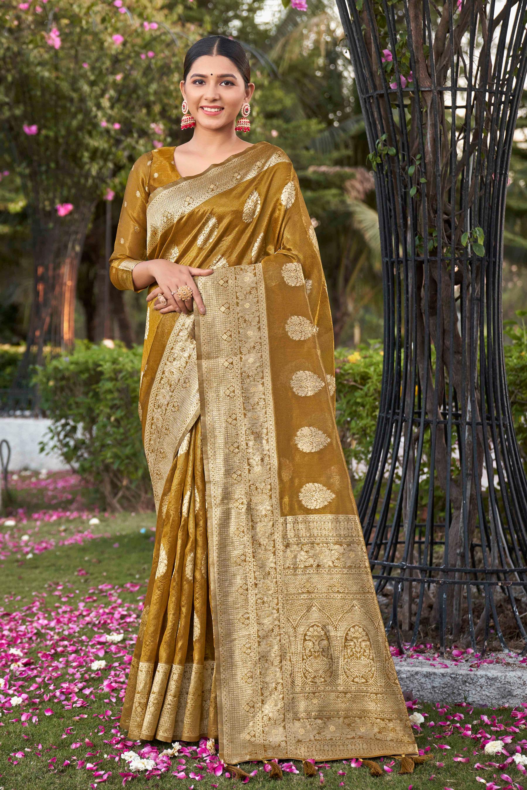 Mustard Shimmer Silk Woven Fancy Saree - Monjolika Fashion