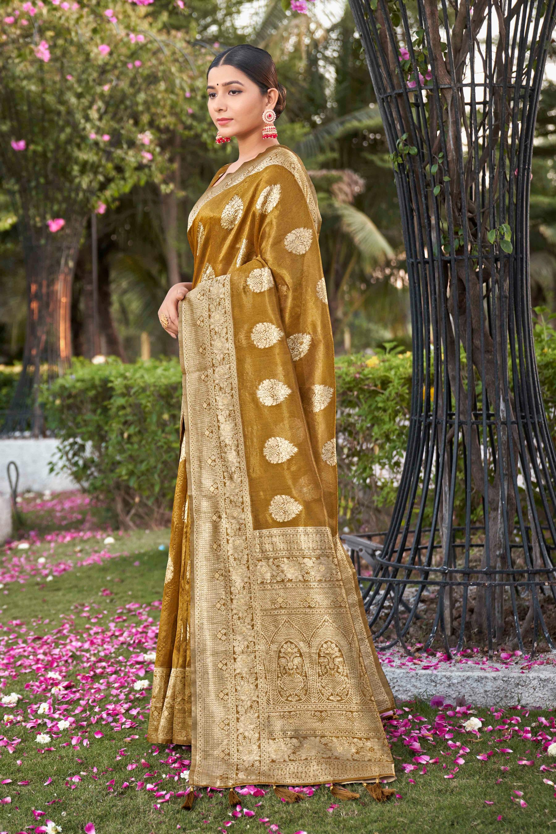 Mustard Shimmer Silk Woven Fancy Saree - Monjolika Fashion
