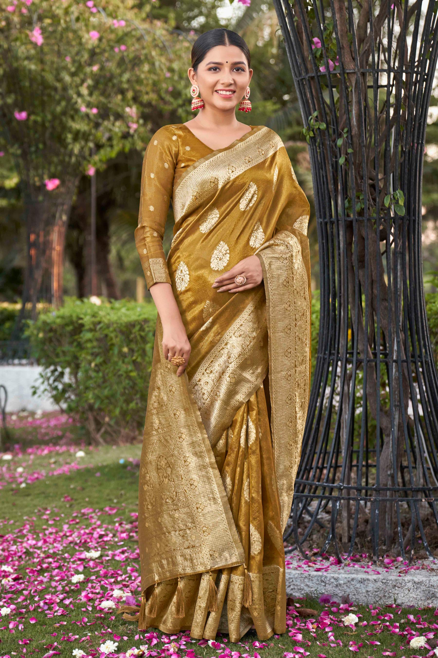 Mustard Shimmer Silk Woven Fancy Saree - Monjolika Fashion