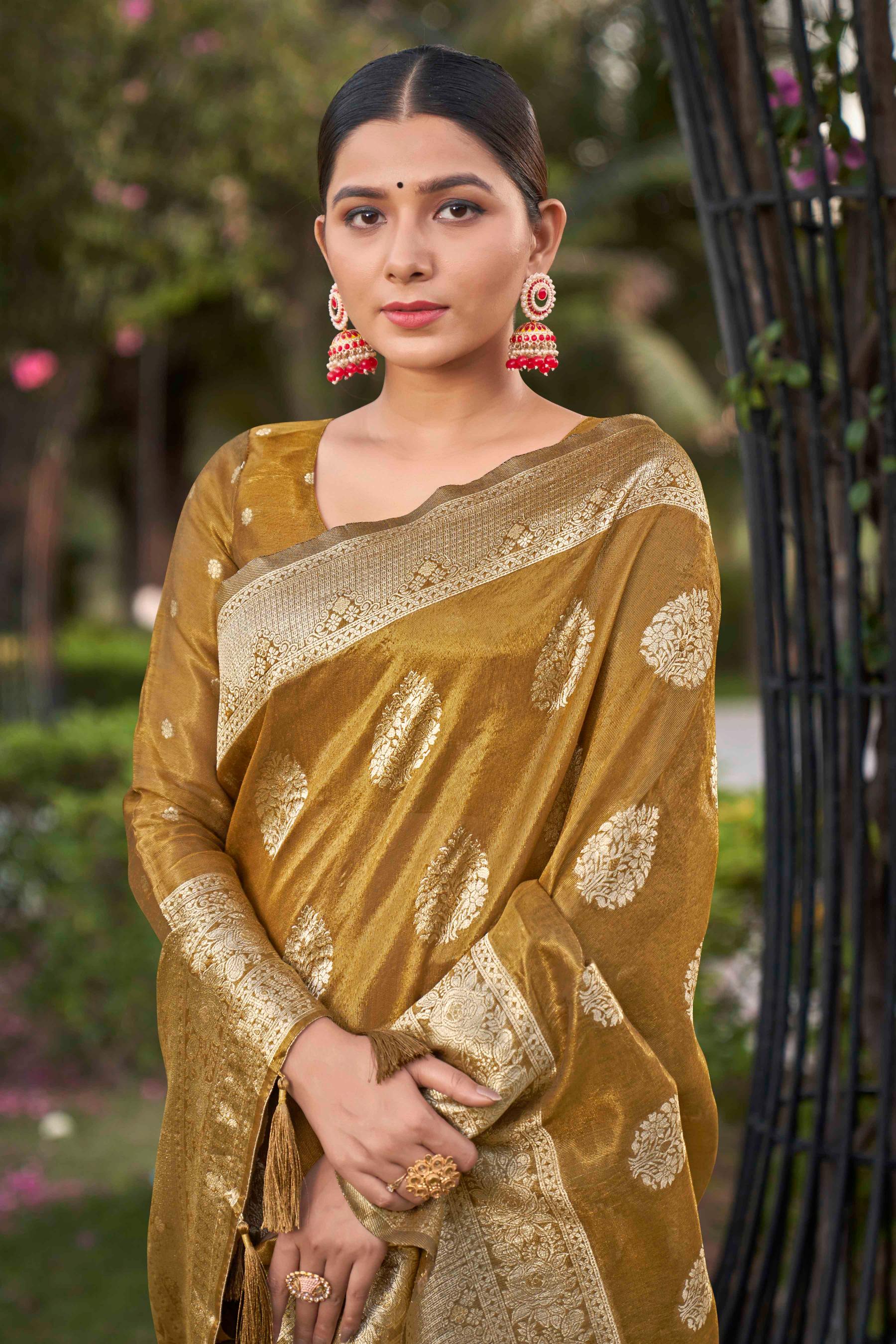 Mustard Shimmer Silk Woven Fancy Saree - Monjolika Fashion