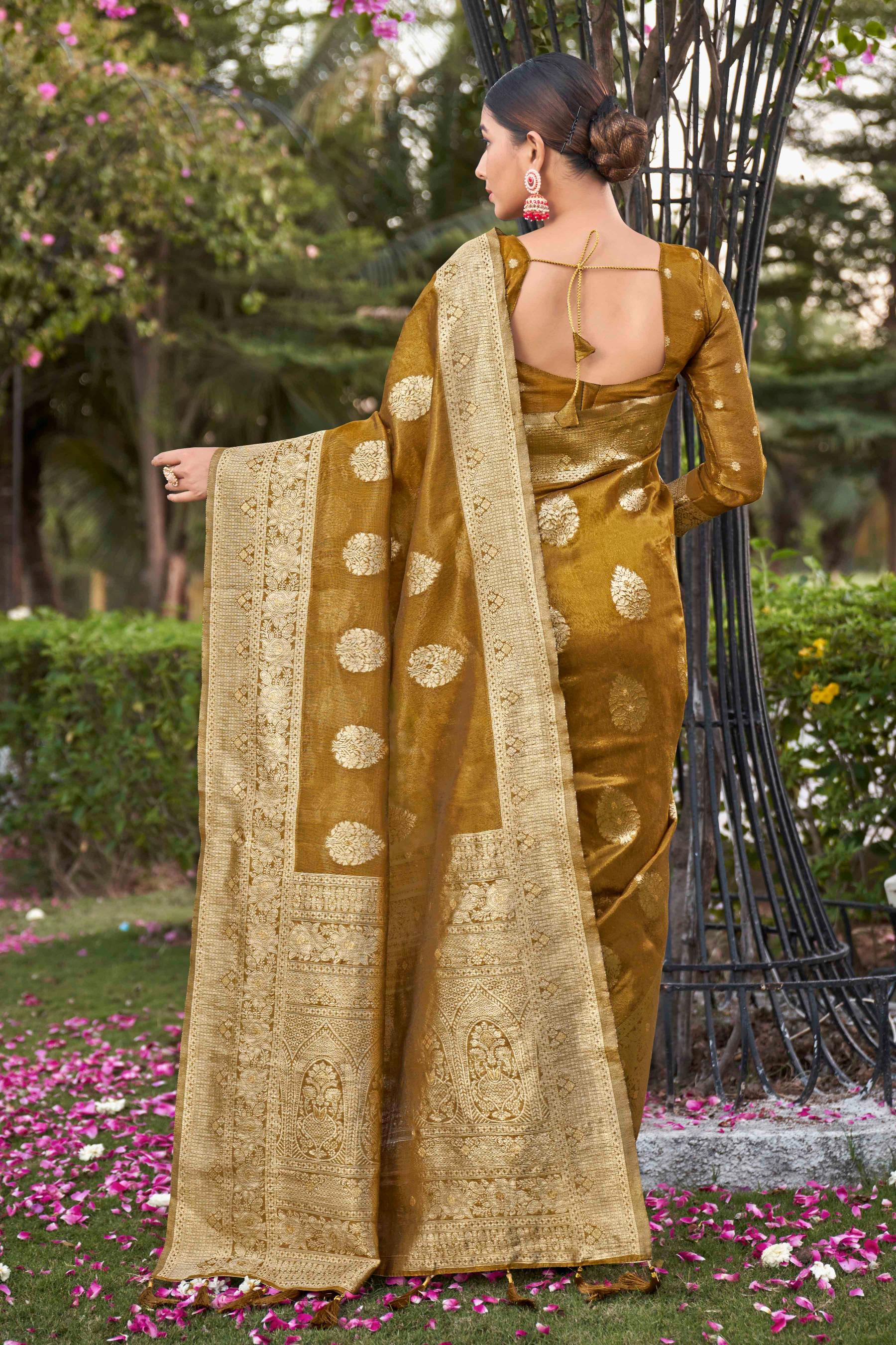 Mustard Shimmer Silk Woven Fancy Saree - Monjolika Fashion