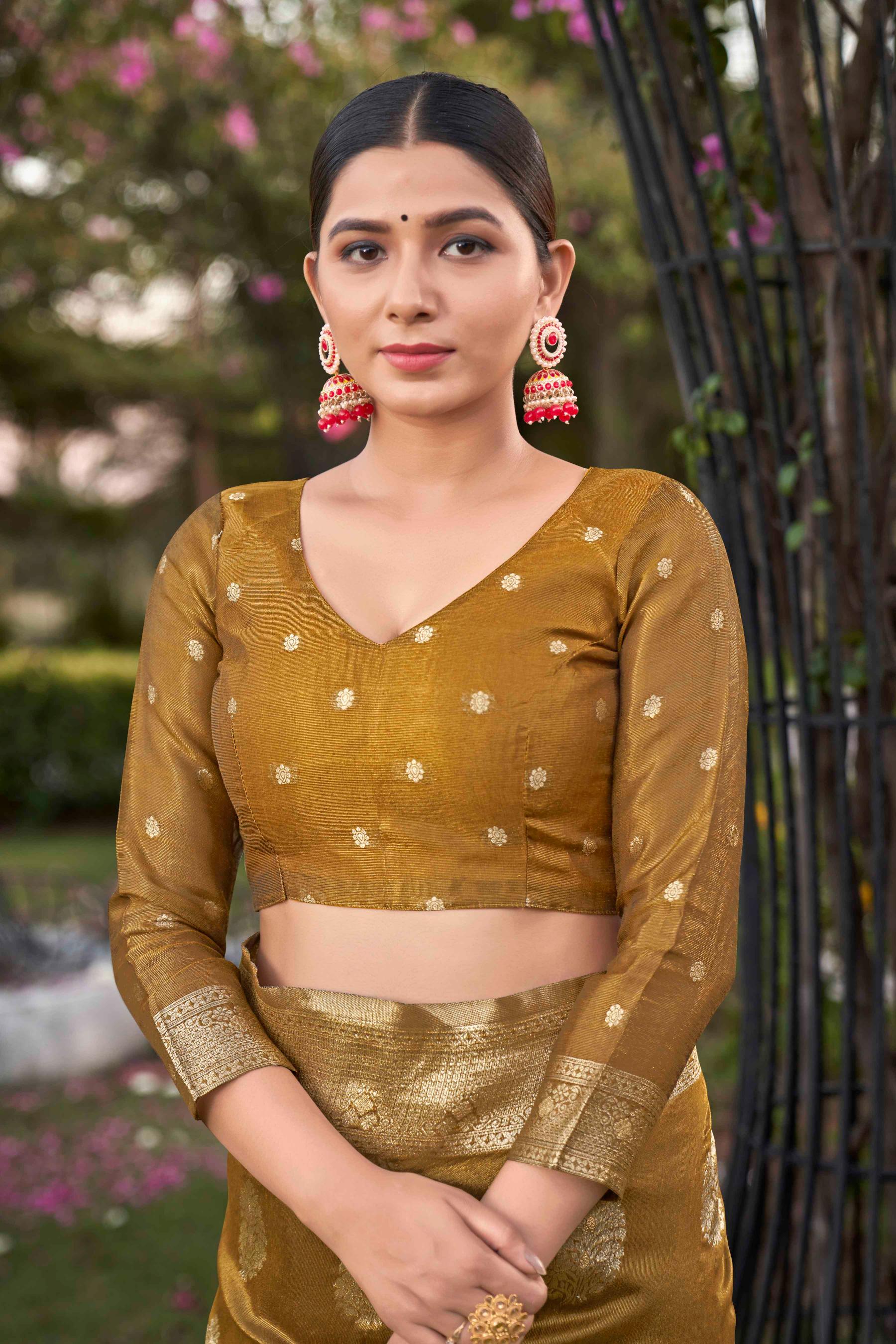 Mustard Shimmer Silk Woven Fancy Saree - Monjolika Fashion