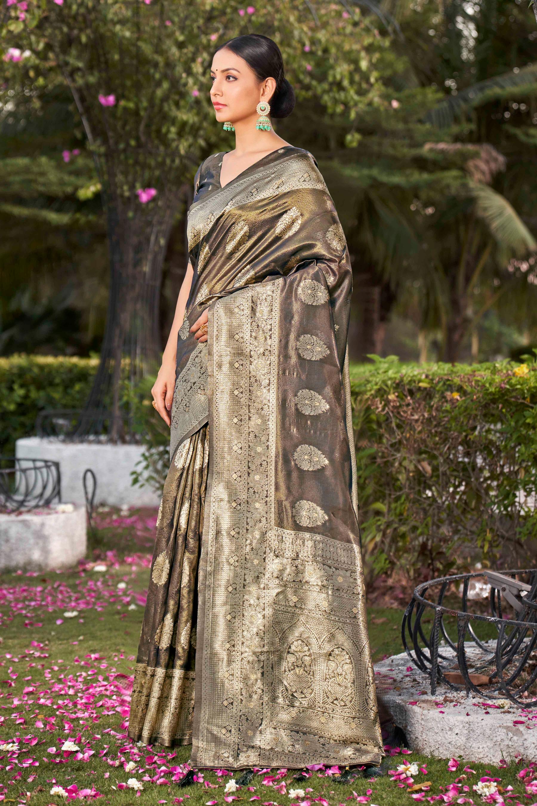 Coffee Brown Shimmer Silk Woven Fancy Saree - Monjolika Fashion