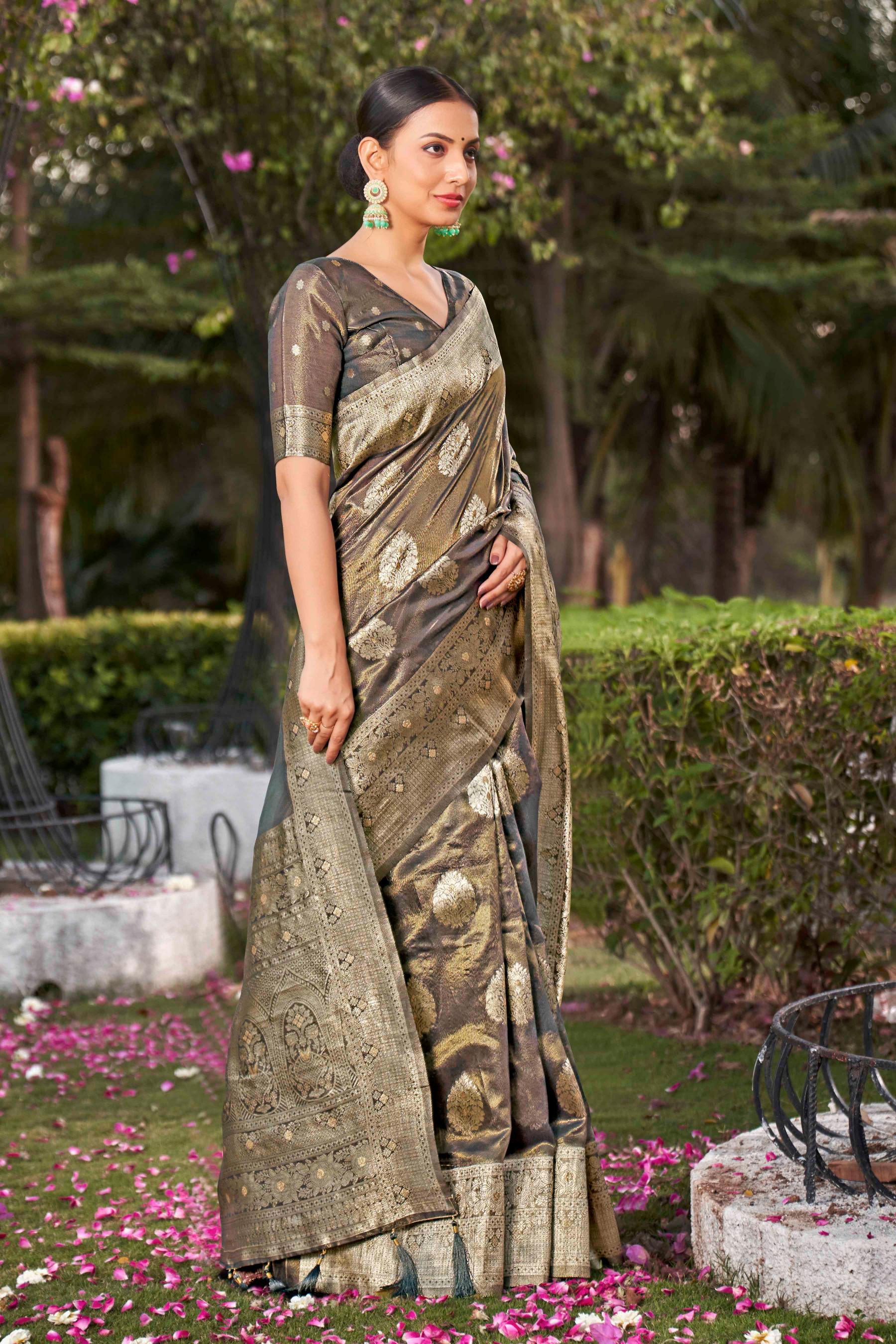 Coffee Brown Shimmer Silk Woven Fancy Saree - Monjolika Fashion