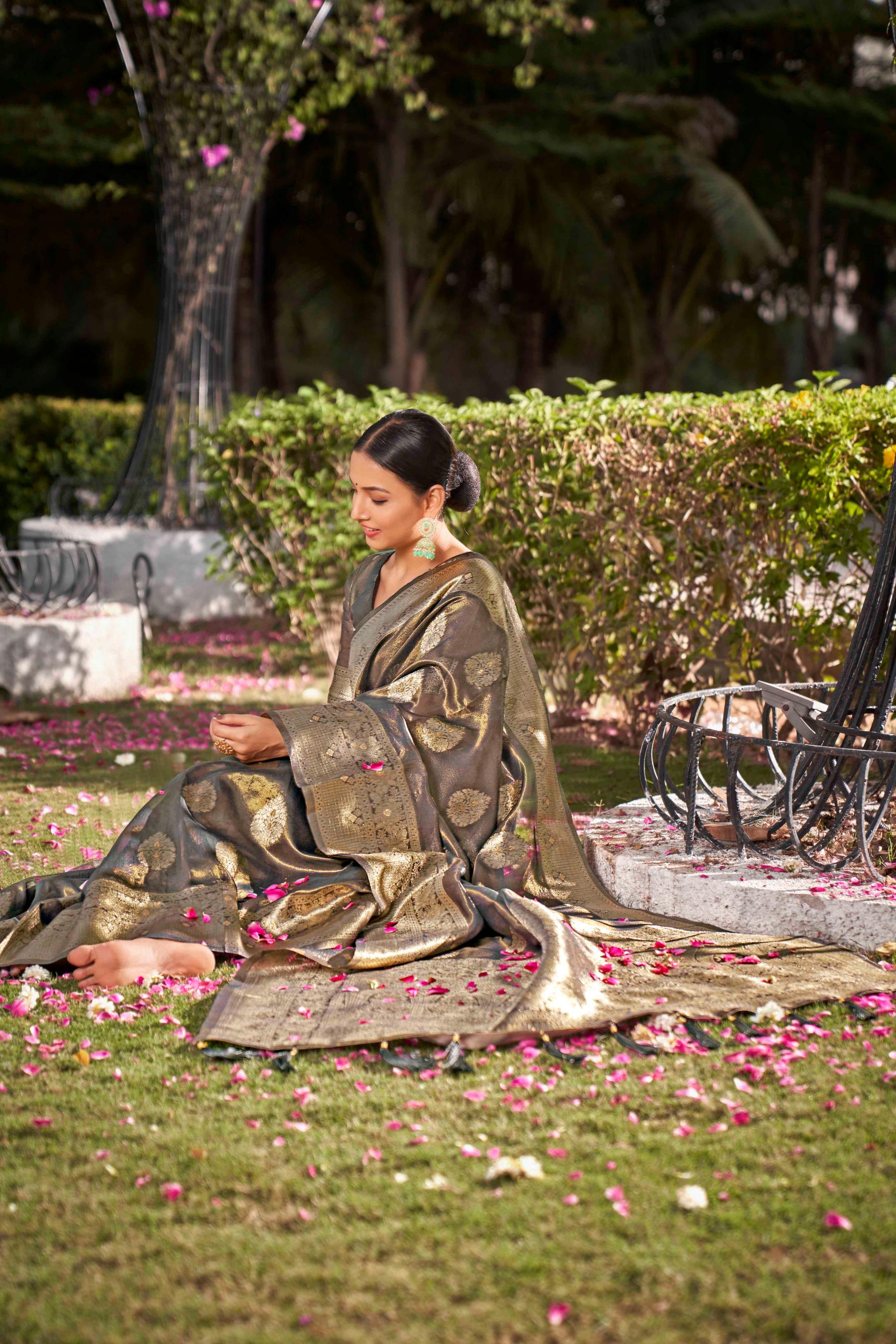 Coffee Brown Shimmer Silk Woven Fancy Saree - Monjolika Fashion