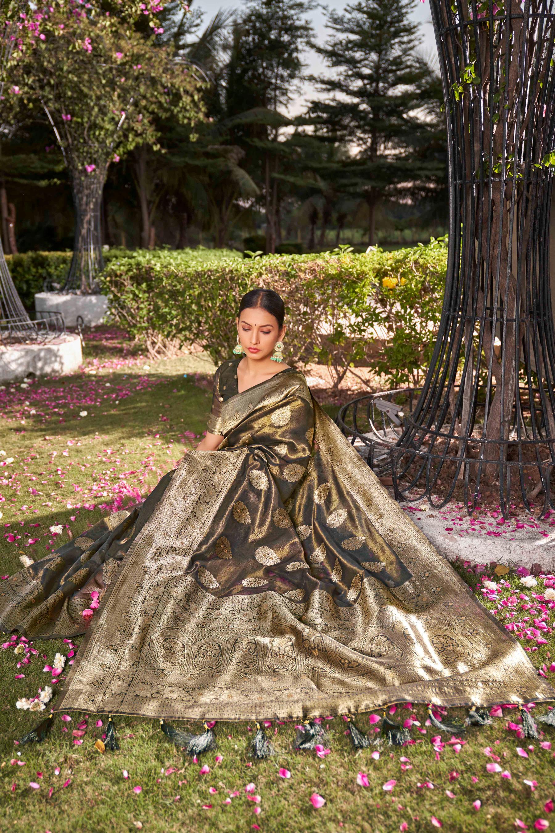 Coffee Brown Shimmer Silk Woven Fancy Saree - Monjolika Fashion