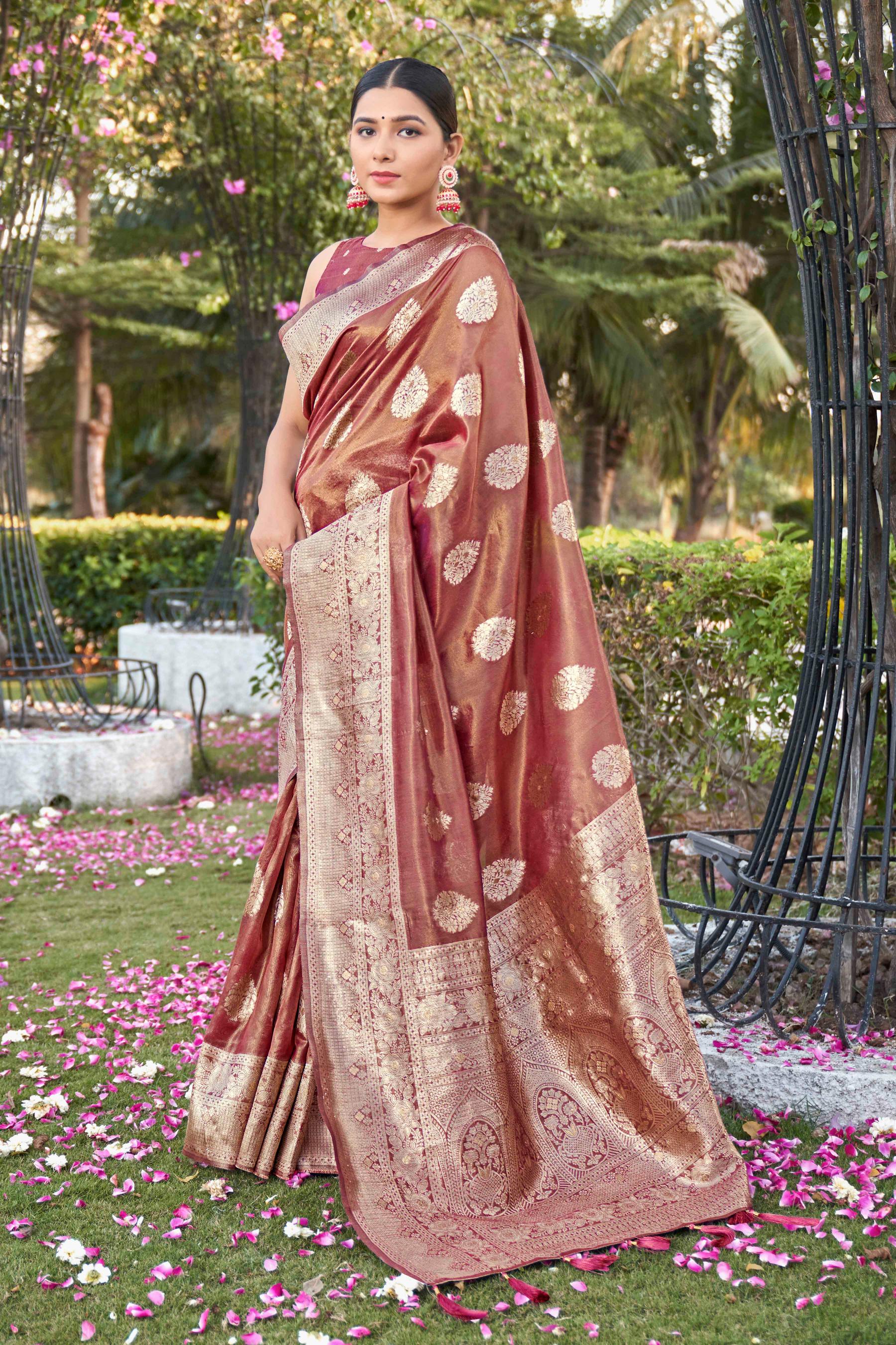 Rust Shimmer Silk Woven Work Fancy Saree - Monjolika Fashion