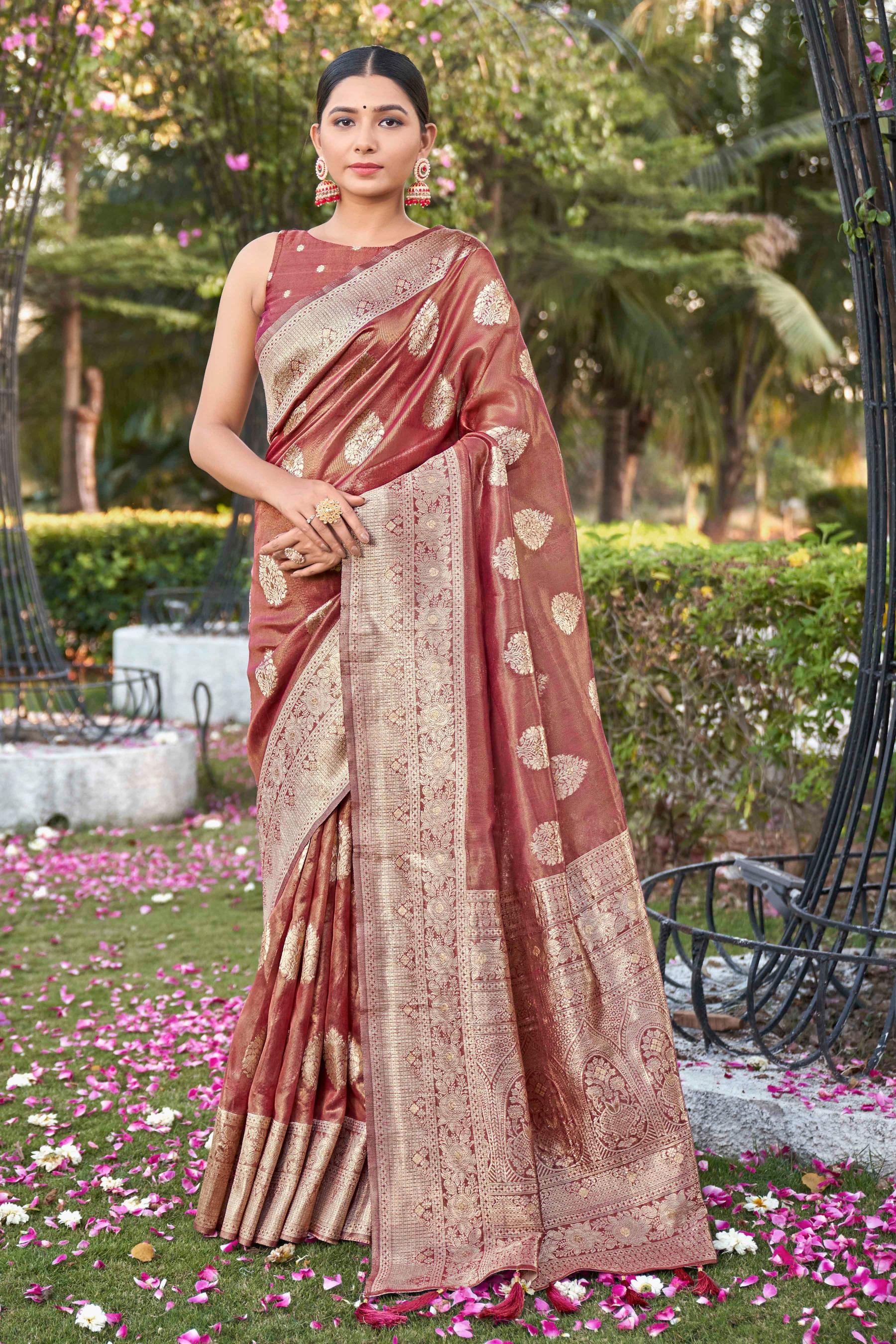 Rust Shimmer Silk Woven Work Fancy Saree - Monjolika Fashion