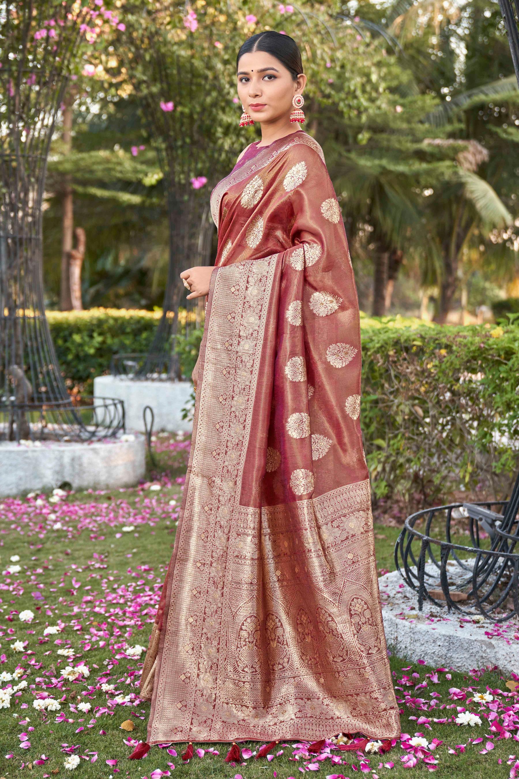 Rust Shimmer Silk Woven Work Fancy Saree - Monjolika Fashion