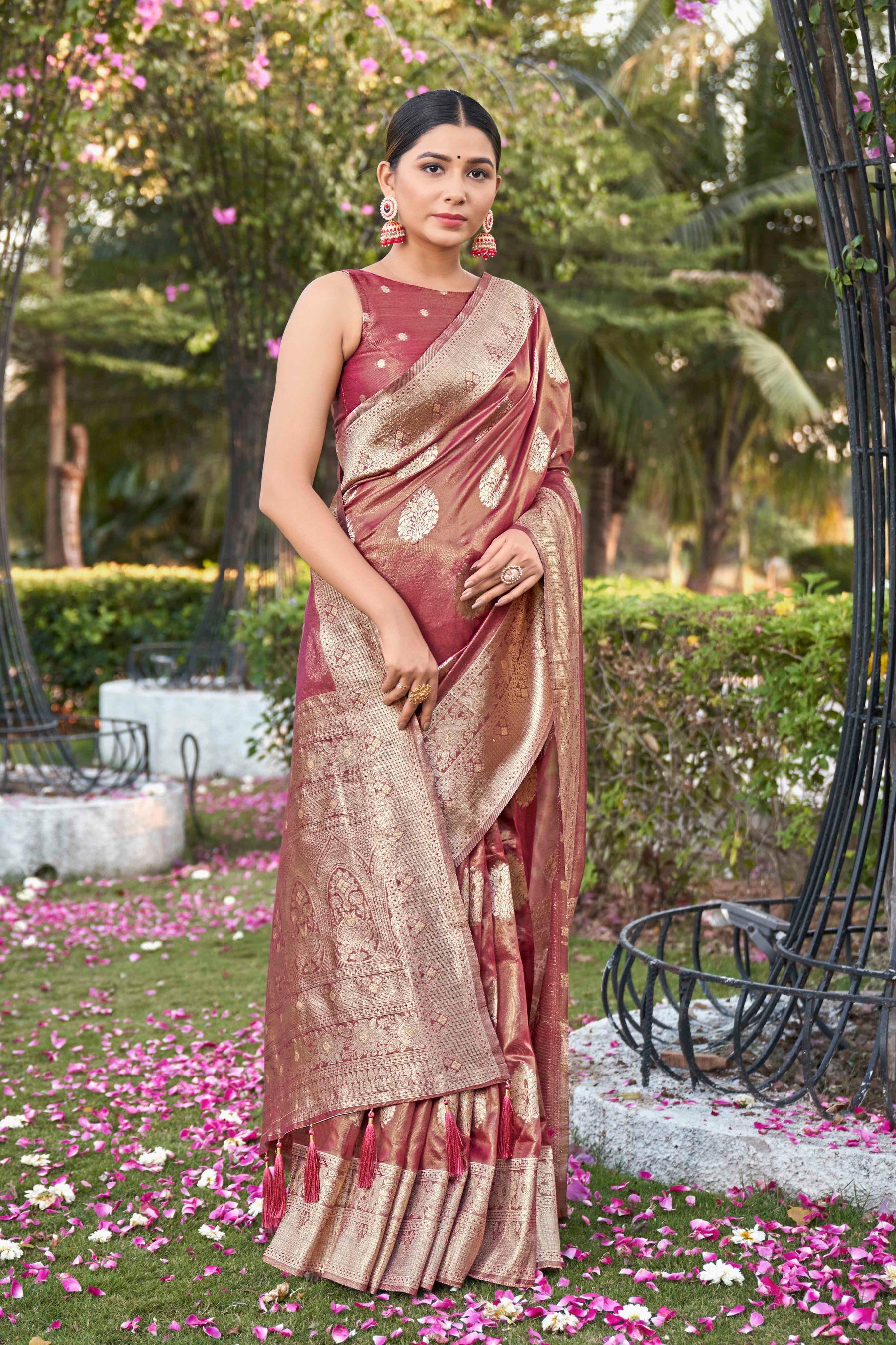 Rust Shimmer Silk Woven Work Fancy Saree - Monjolika Fashion
